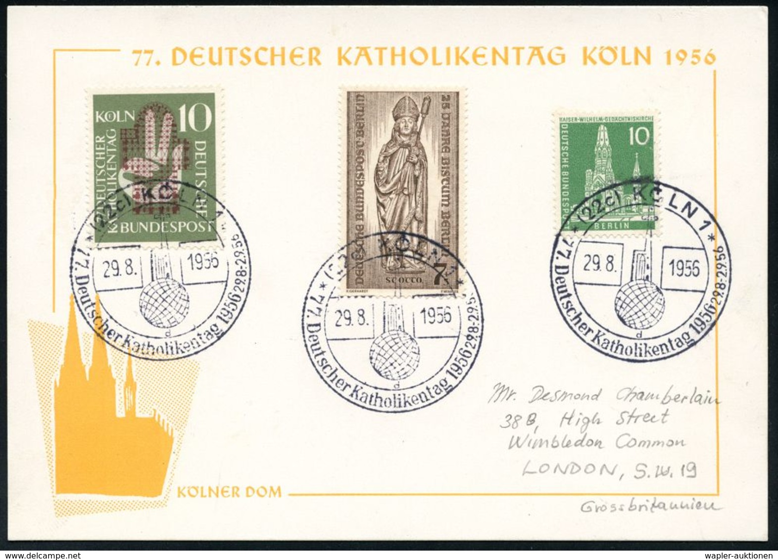 KIRCHENTAGE & KIRCHENKONGRESSE : (22c) KÖLN 1/ D/ 77.Deutscher Katholikentag 1956 (29.8.) SSt = Kirche Auf Globus Auf EF - Cristianesimo