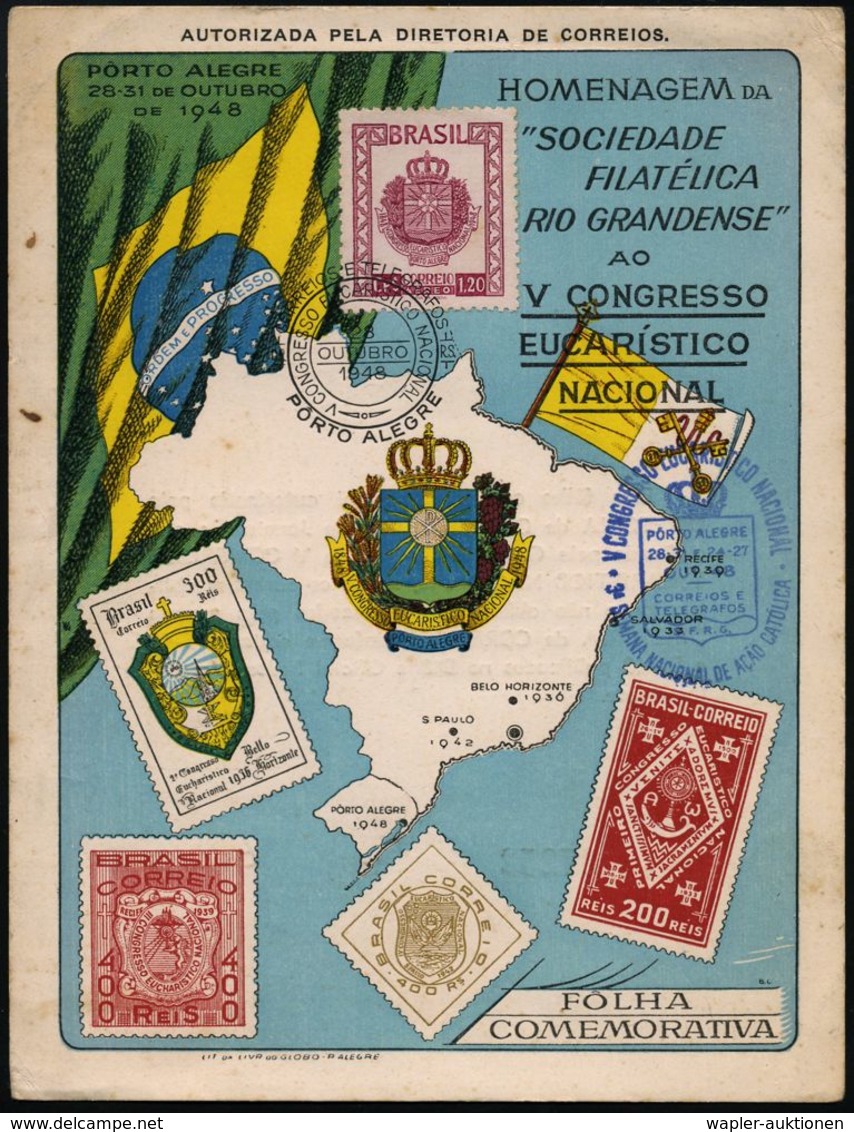KIRCHENTAGE & KIRCHENKONGRESSE : BRASILIEN 1948 (28.3.) 1,20 Cr. "5. Nat. Eucharist. Kongreß" A. Color-Gedenkblatt (Rand - Christianity