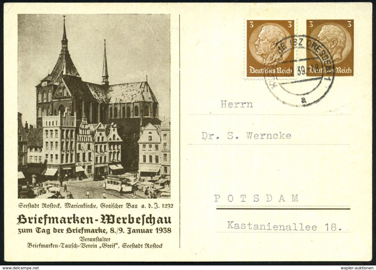 EVANGELISCHE SAKARALBAUTEN / KIRCHEN / DOME : Rostock Seestadt, Marienkirche/ ..Tag Der Briefmarke 1938 1939 (9.1.) PP 3 - Kirchen U. Kathedralen