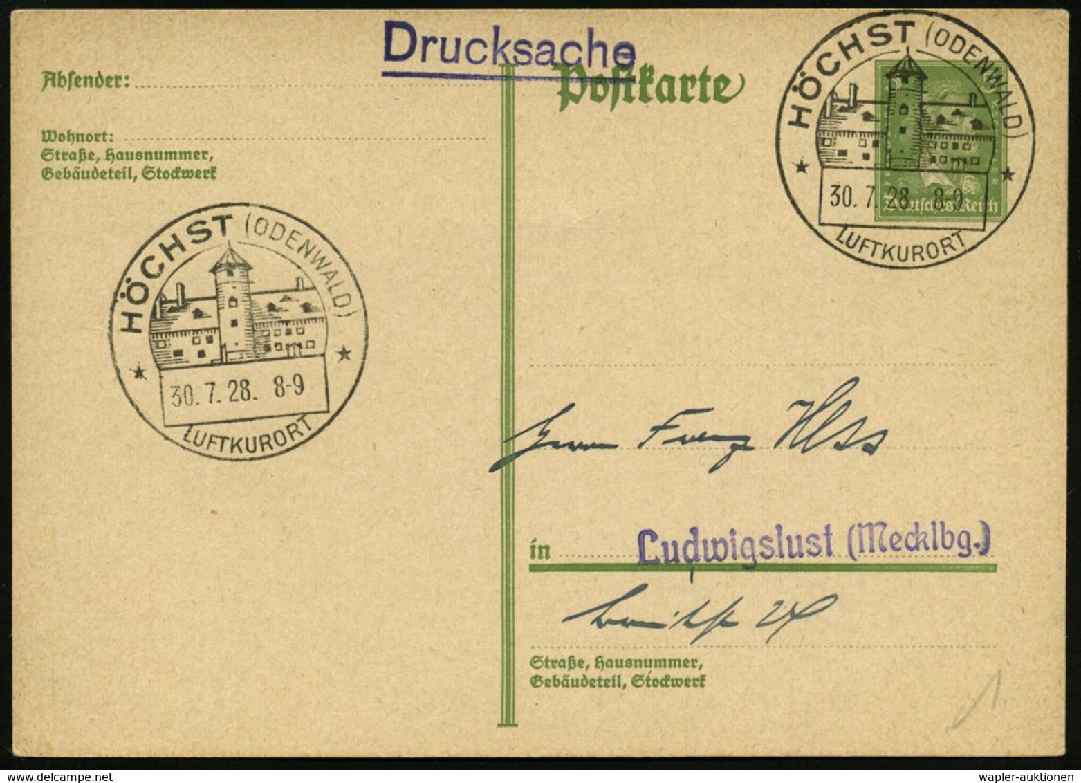 KLÖSTER & ABTEIEN / NONNEN & MÖNCHE : HÖCHST (ODENWALD)/ LUFTKURORT 1928 (30.7.) Seltener HWSt = Kloster Höchst , Glaskl - Abbazie E Monasteri