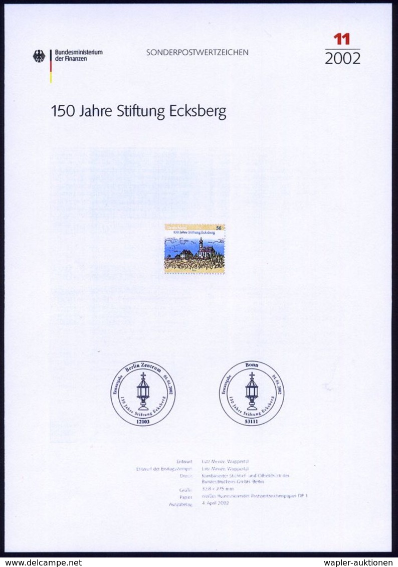 WALLFAHRT / PILGER : B.R.D. 2002 (Apr.) 56 C. "150 Jahre Stiftung Ecksberg" = Wallfahrtskirche Mit Amtl. Handstempel  "M - Cristianesimo
