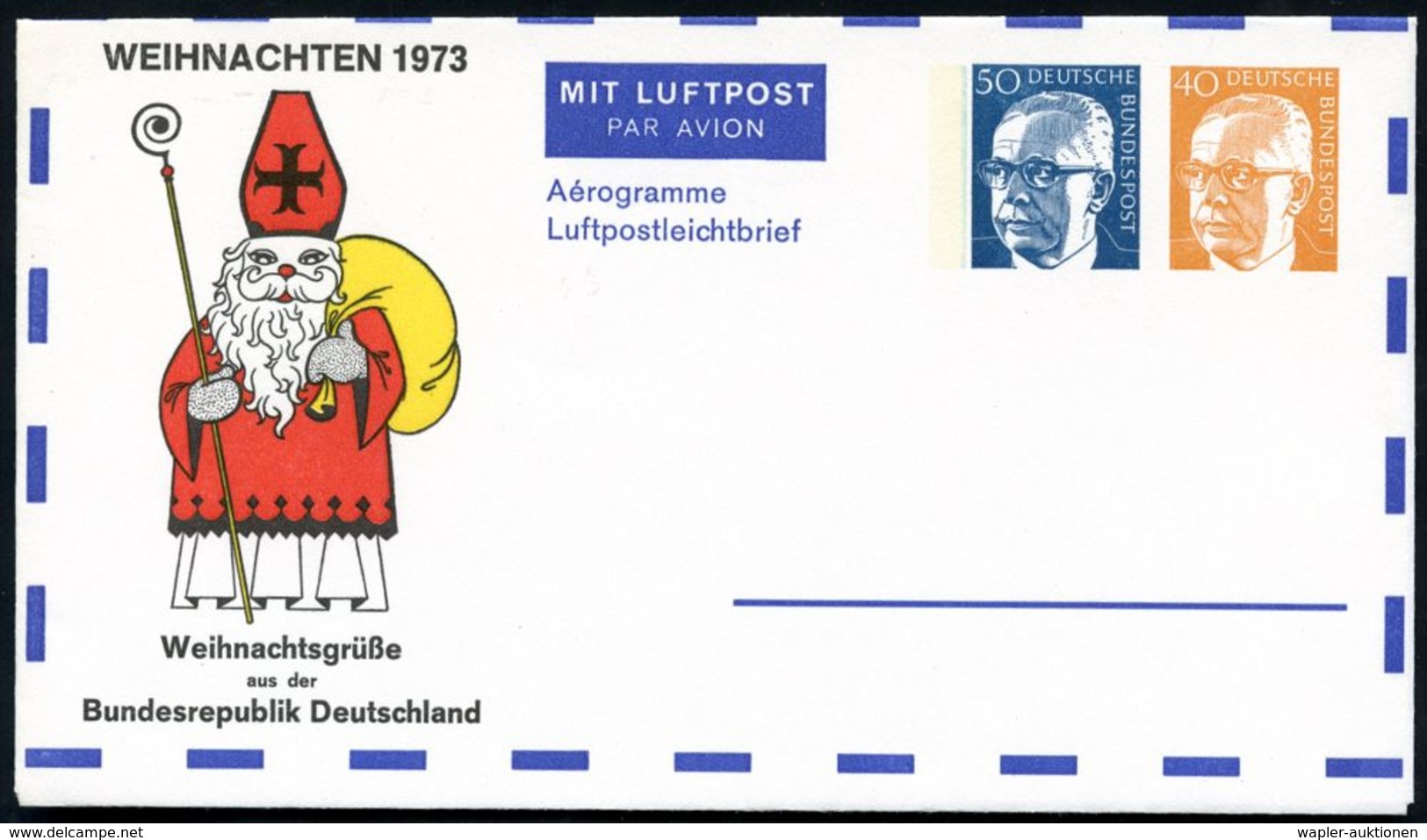 WEIHNACHTEN / ST. NIKOLAUS : B.R.D. 1973 (Dez.) Privat-Aerogramm 50 Pf. + 40 Pf. Heinemann: WEIHNACHTEN 1973 = St. Nikol - Weihnachten