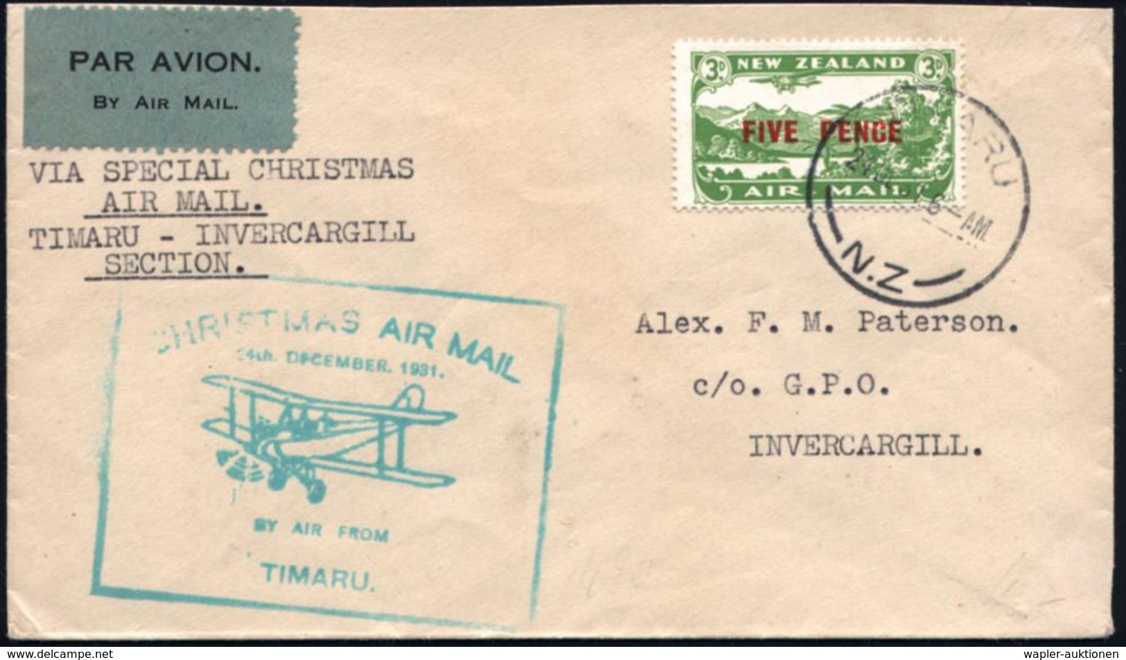 WEIHNACHTEN / ST. NIKOLAUS : NEUSEELAND 1931 (24.12.) Weihnachts-Sonderflug "Timaru - Invercargill" (AS) 5 P./3 P. Flp.- - Weihnachten