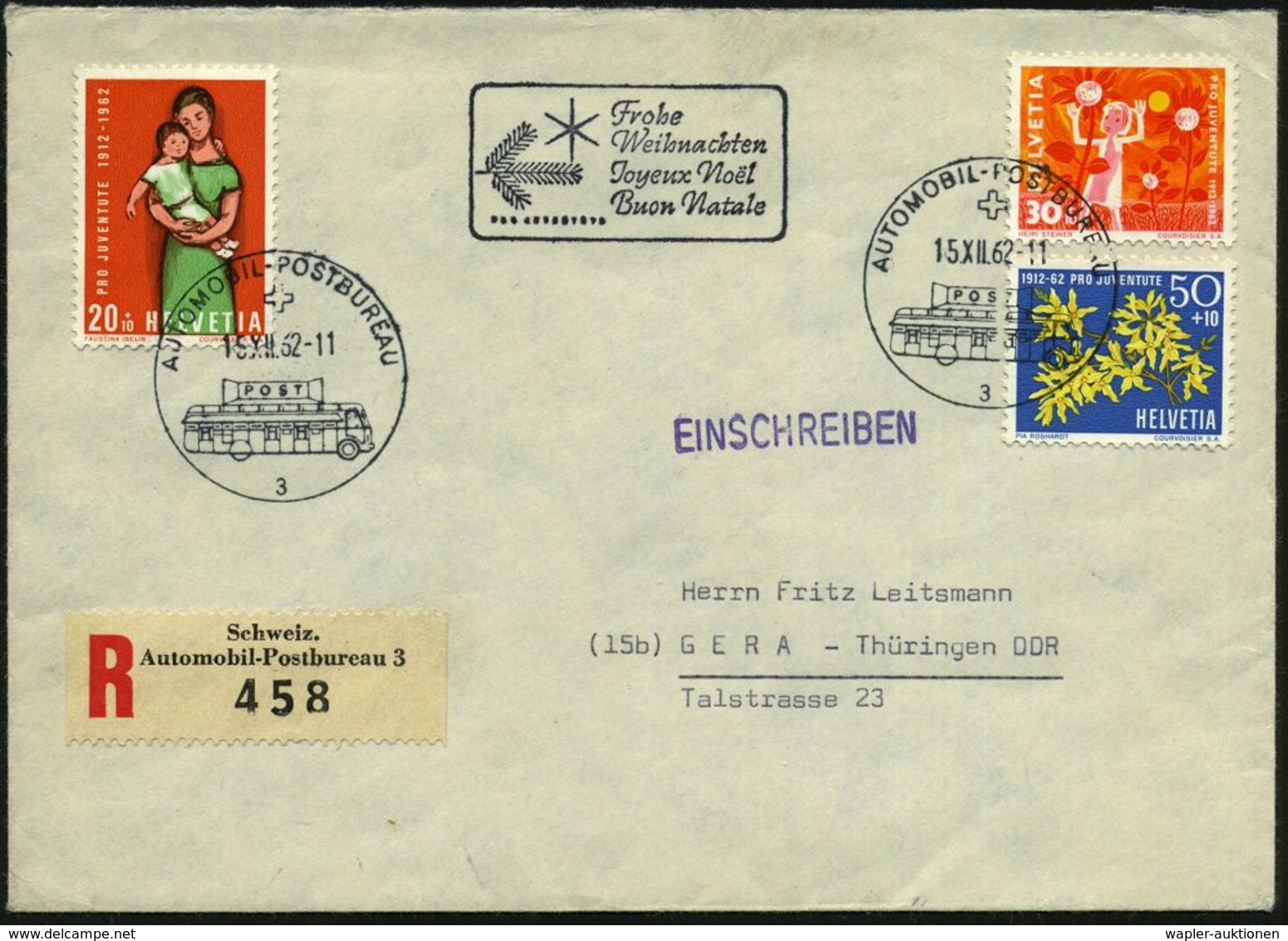 WEIHNACHTEN / ST. NIKOLAUS : SCHWEIZ 1962 (15.12.) Amtl. HdN: Frohe/Weihnachten/Joyex Noel/Buon Natale.. (Zweig Mit Ster - Noël