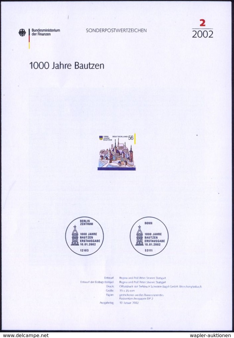 DEUTSCHE STÄDTE-JUBILÄEN : Bautzen 2002 (Jan.) 56 C. "1000 Jahre Bautzen" + Amtl. Handstempel  "M U S T E R" , Postfr. + - Sonstige & Ohne Zuordnung