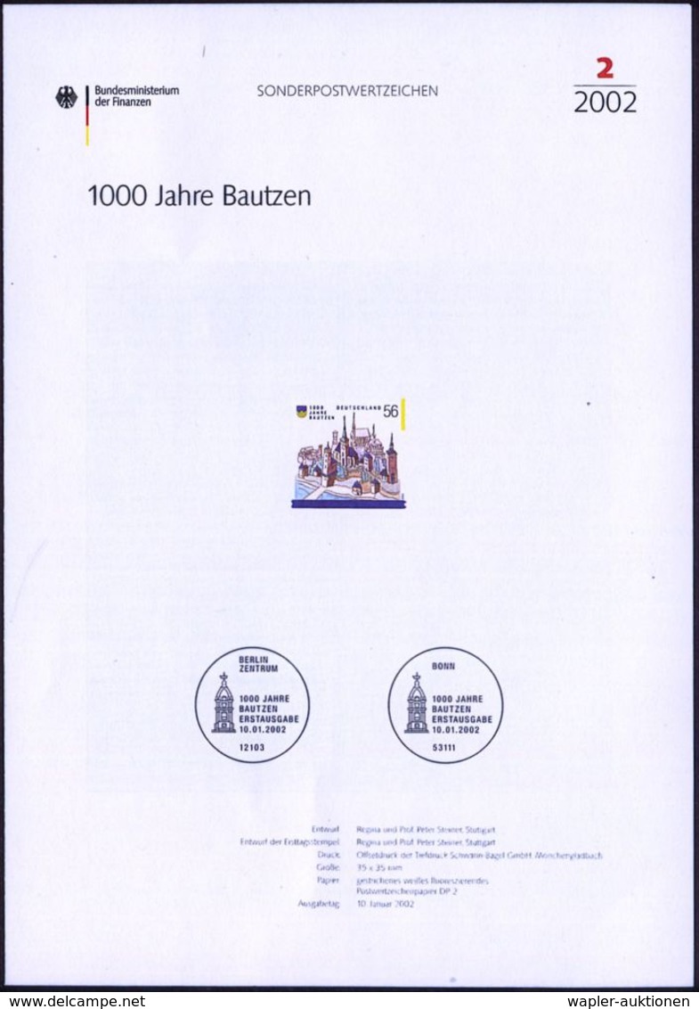 DEUTSCHE STÄDTE-JUBILÄEN : Bautzen 2002 (Jan.) 56 C. "1000 Jahre Bautzen" + Amtl. Handstempel  "M U S T E R" , Postfr. + - Autres & Non Classés