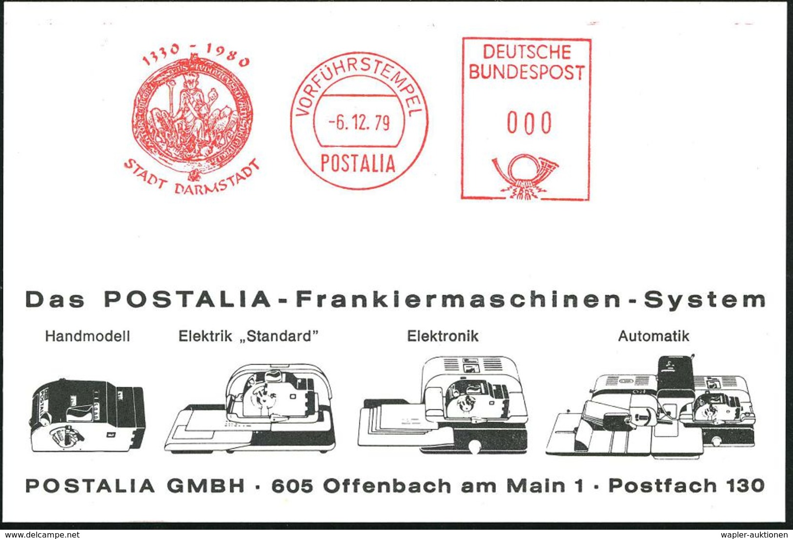 DEUTSCHE STÄDTE-JUBILÄEN : Darmstadt 1979 (6.12.) AFS: VORFÜHRSTEMPEL/POSTALIA/1330 - 1980/STADT DARMSTADT (Siegel: Ludw - Sonstige & Ohne Zuordnung