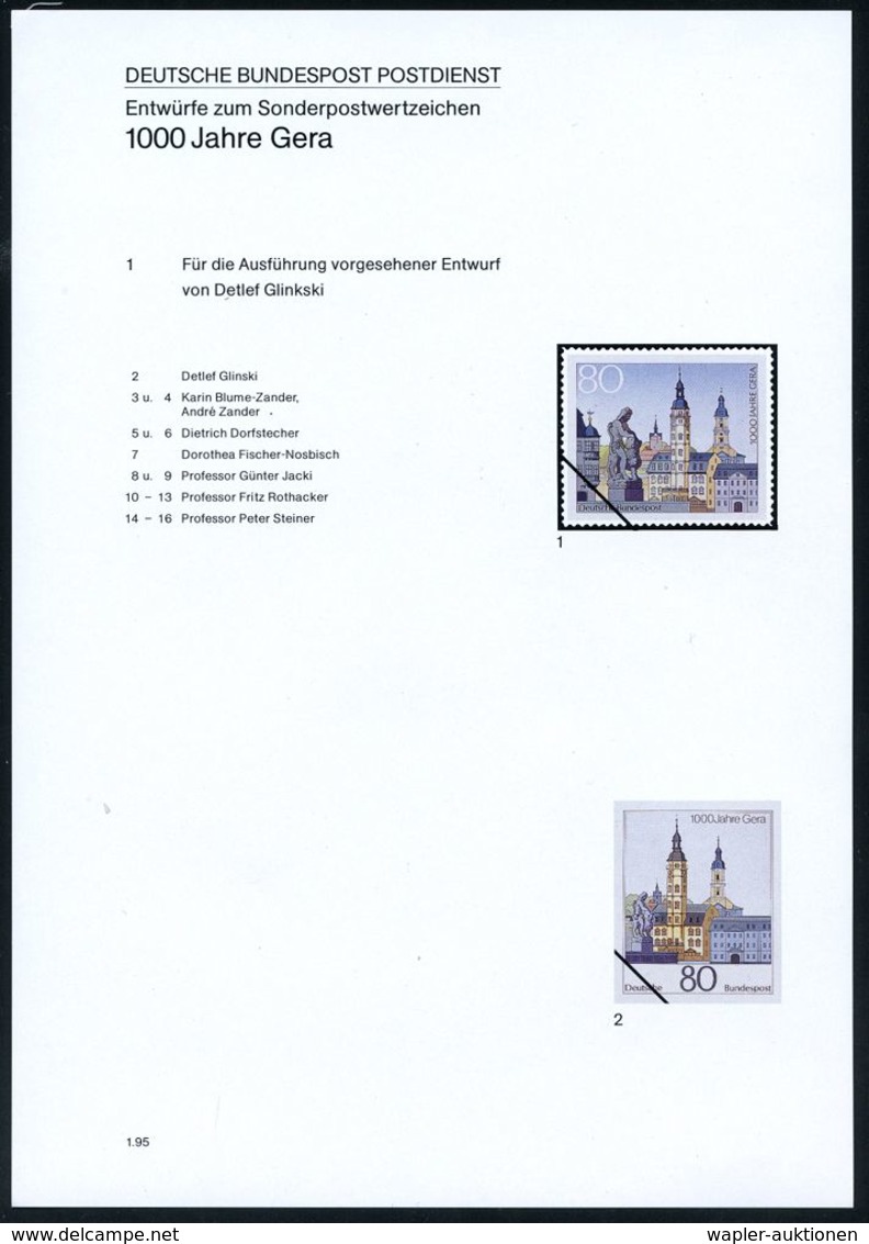 DEUTSCHE STÄDTE-JUBILÄEN : Gera 1995 (Jan.) 80 Pf. "1000 J. Gera", 16 Verschied Color-Alternativ-Entwürfe Der Bundesdruc - Autres & Non Classés