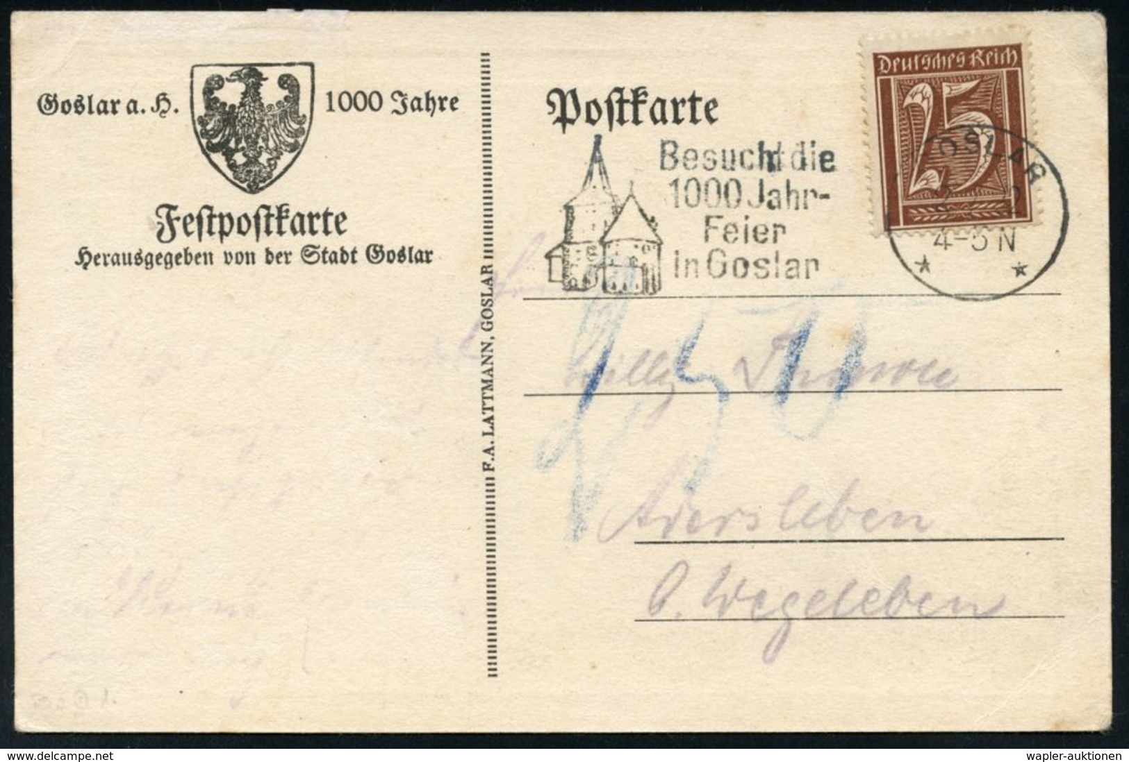 DEUTSCHE STÄDTE-JUBILÄEN : GOSLAR/ **/ Besucht Die/ 1000 Jahr-/ Feier 1922 (2.7.) Seltener MWSt (histor.Stadttor) Auf Zw - Other & Unclassified