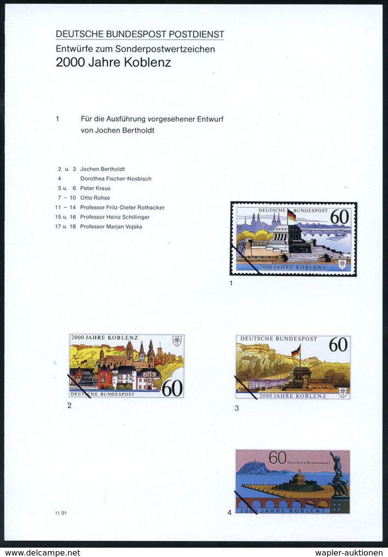 DEUTSCHE STÄDTE-JUBILÄEN : Koblenz 1991 (Nov.) 60 Pf. "2000 Jahre Koblenz", 18 Verschied.Color-Alternativ-Entwürfe D. Bu - Autres & Non Classés