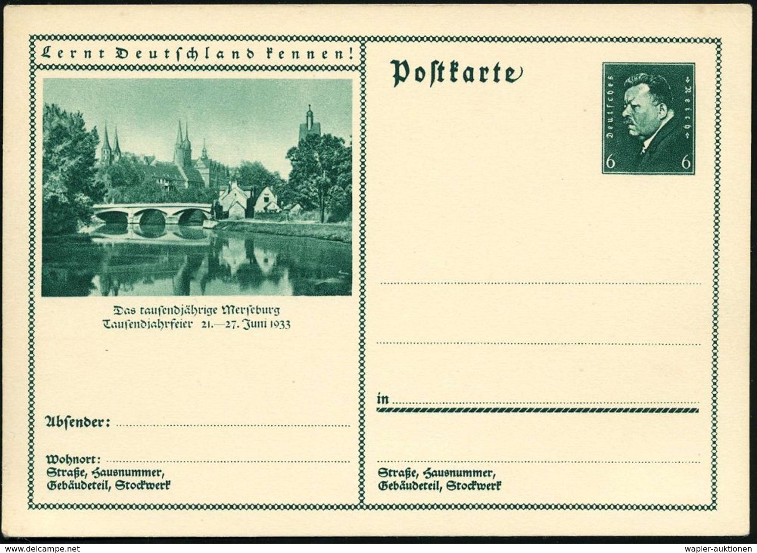 DEUTSCHE STÄDTE-JUBILÄEN : Merseburg 1933 6 Pf. Jubil.-BiP Ebert, Grün: Tausendjahrfeier 21.-27. Juni 1933 (Dom, Brücke) - Autres & Non Classés