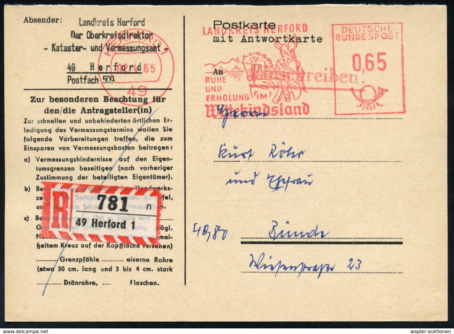 KARL DER GROSSE : 49 HERFORD 1/ Cc/ HERFORD STADT+LAND/ ..Wittekindsland 1965 (2.4.) AFS 065 Pf. = Wittekind ZuPferd (na - Autres & Non Classés