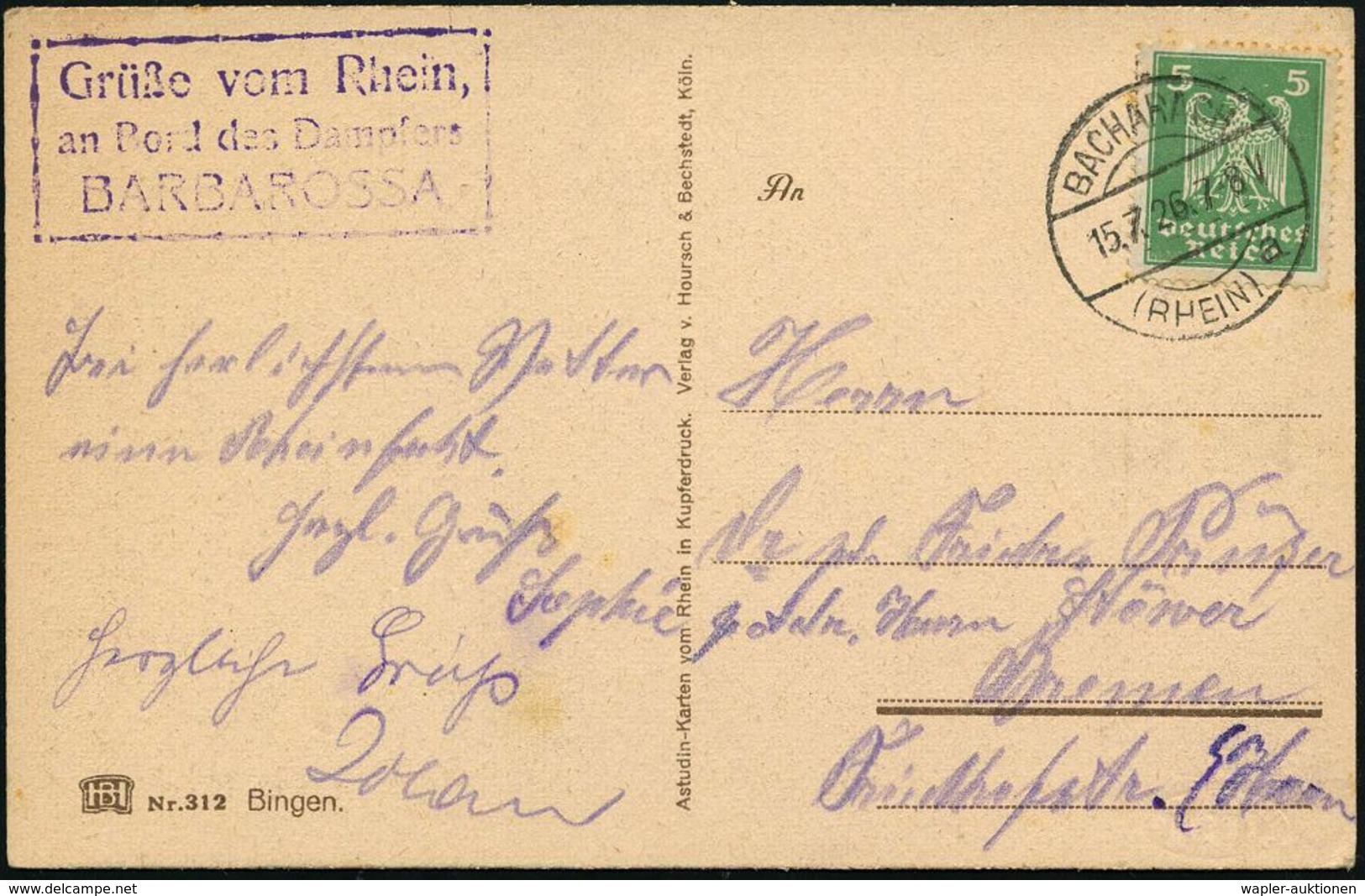 HEINRICH DER LÖWE / FRIEDRICH I. BARBAROSSA : BACHARACH/ (RHEIN)/ A 1926 (15.7.) 1K-Brücke + Viol. HdN: Grüße Vom Rhein/ - Sonstige & Ohne Zuordnung