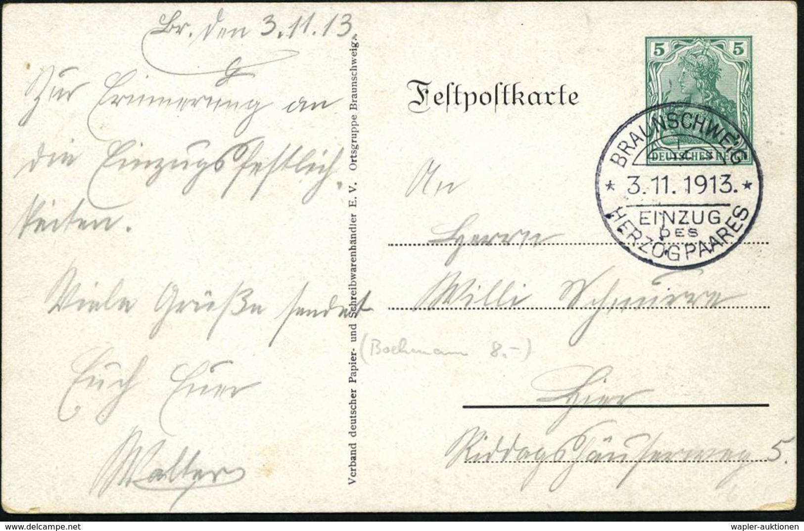 HEINRICH DER LÖWE / FRIEDRICH I. BARBAROSSA : BRAUNSCHWEIG/ EINZUG/ DES/ HERZOGPAARES 1913 (3.11.) SSt Auf PP 5 Pf. Germ - Autres & Non Classés