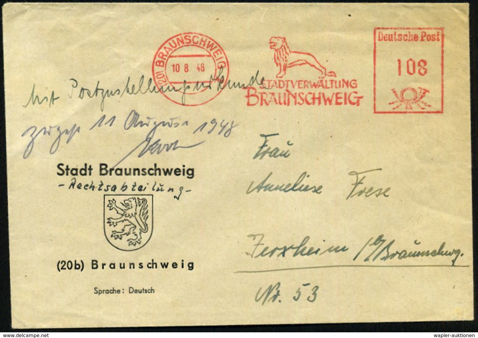 HEINRICH DER LÖWE / FRIEDRICH I. BARBAROSSA : (20) BRAUNSCHWEIG 1/ STADTVERWALTUNG 1948 (10.8.) AFS 108 Pf. = Löwen-Denk - Sonstige & Ohne Zuordnung