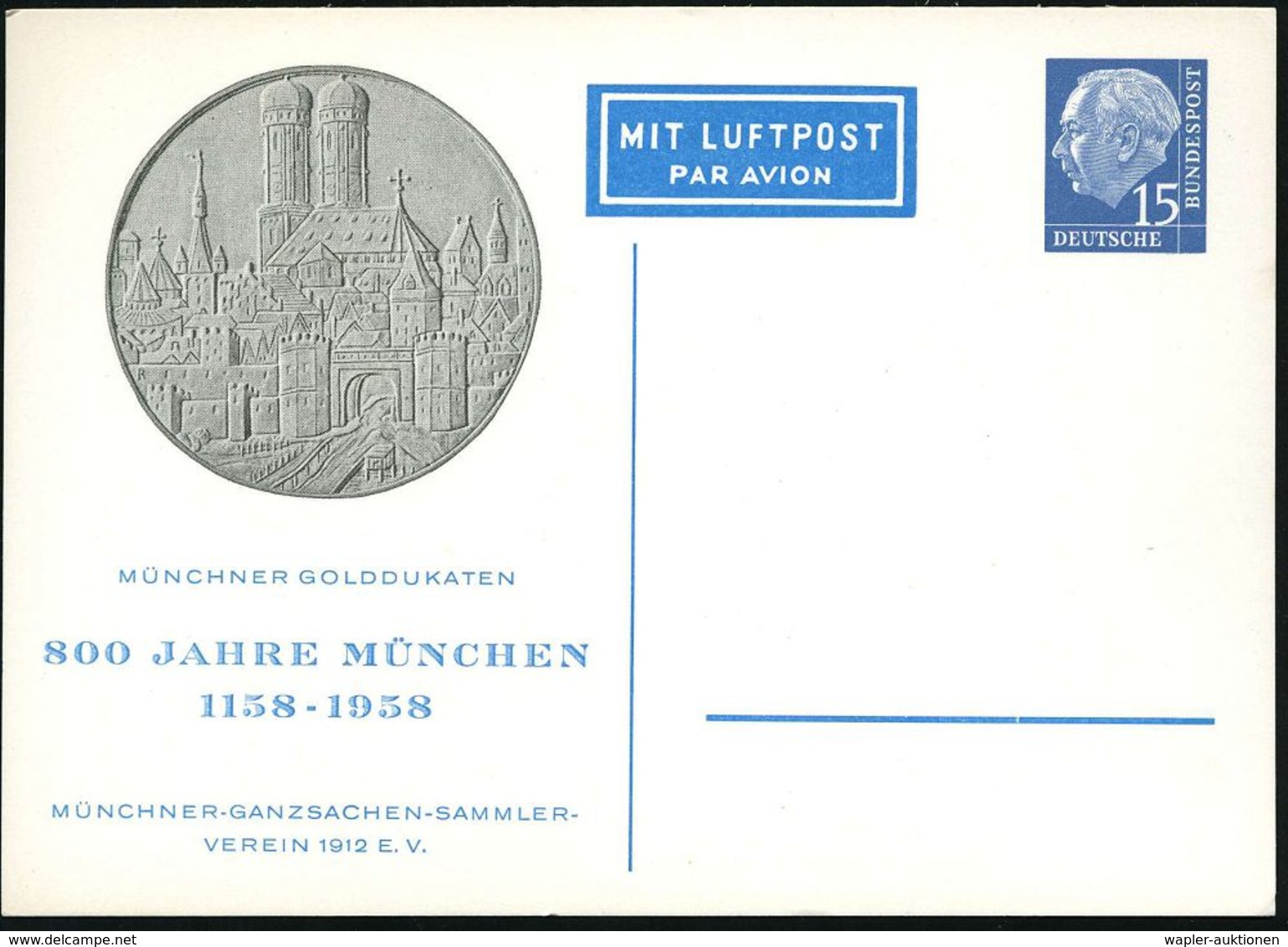 HEINRICH DER LÖWE / FRIEDRICH I. BARBAROSSA : München 1958 Flp.-PP 15 Pf. Heuss, Blau: 800 JAHRE MÜNCHEN/1158.. = Gründu - Autres & Non Classés