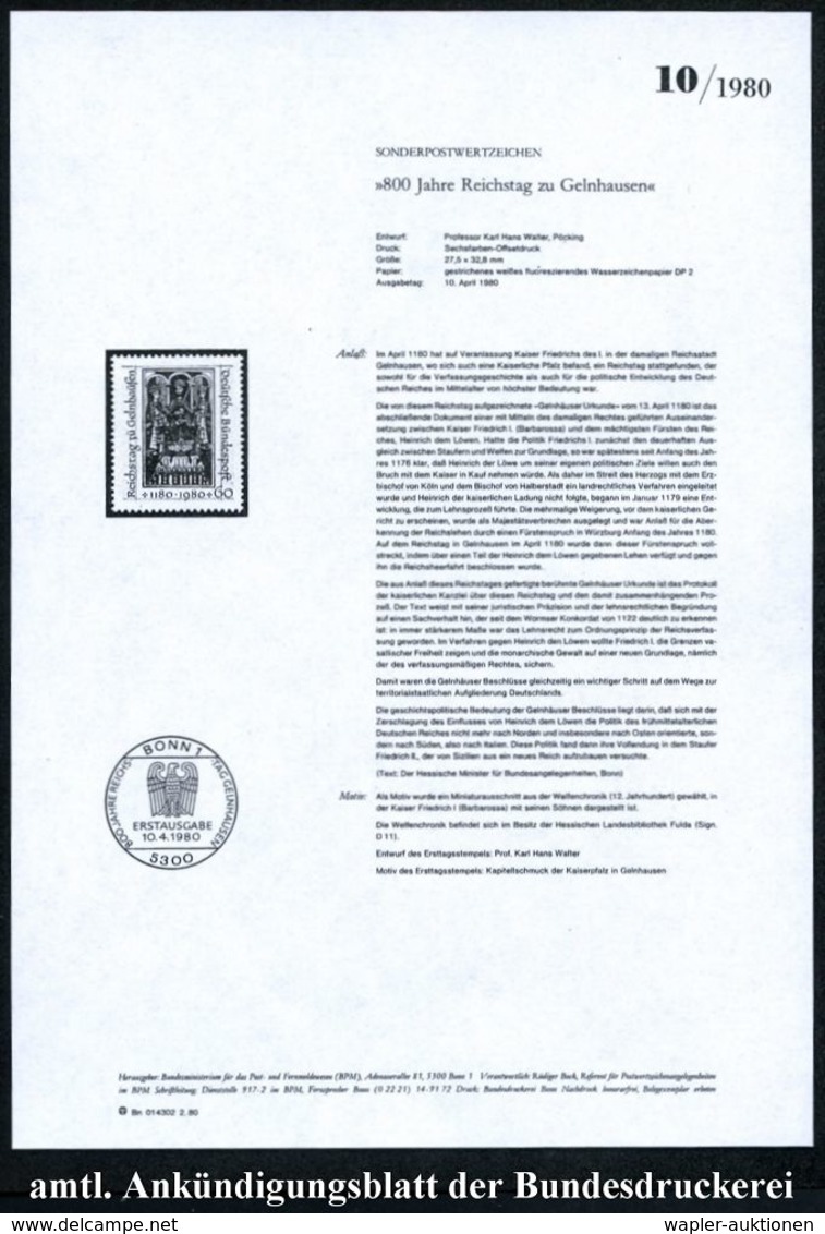 HEINRICH DER LÖWE / FRIEDRICH I. BARBAROSSA : B.R.D. 1980 (Apr.) 60 Pf. "800 Jahre Reichstag Zu Gelnhausen" + Amtl. Hand - Sonstige & Ohne Zuordnung