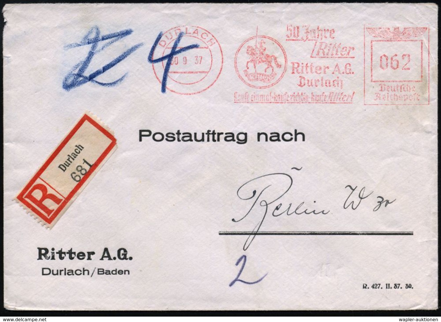 ORDENS- & KREUZRITTER / KREUZFAHRT : DURLACH/ 50 Jahre/ Ritter/ Ritter AG.. 1937 (30.9.) AFS 062 Pf. = Ritter Zu Pferd ( - Sonstige & Ohne Zuordnung