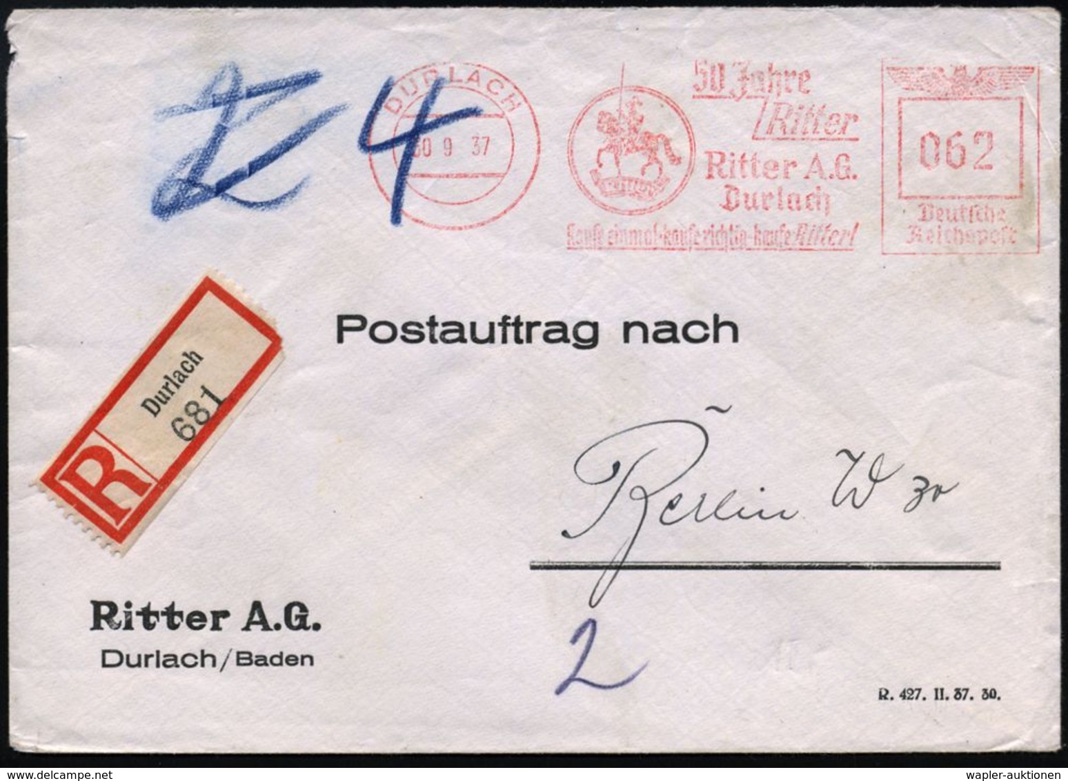 ORDENS- & KREUZRITTER / KREUZFAHRT : DURLACH/ 50 Jahre/ Ritter/ Ritter AG.. 1937 (30.9.) AFS 062 Pf. = Ritter Zu Pferd ( - Autres & Non Classés