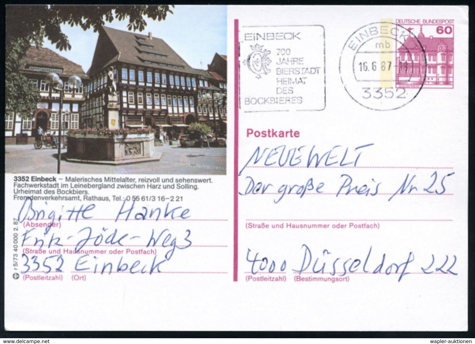 DIE HANSE / HANSESTÄDTE : 3352 EINBECK 1/ Mb/ 700 JAHRE/ BIERSTADT/ HEIMAT/ DES/ BOCKBIERES 1987 (16.6.) MWSt Auf Ortsgl - Altri & Non Classificati