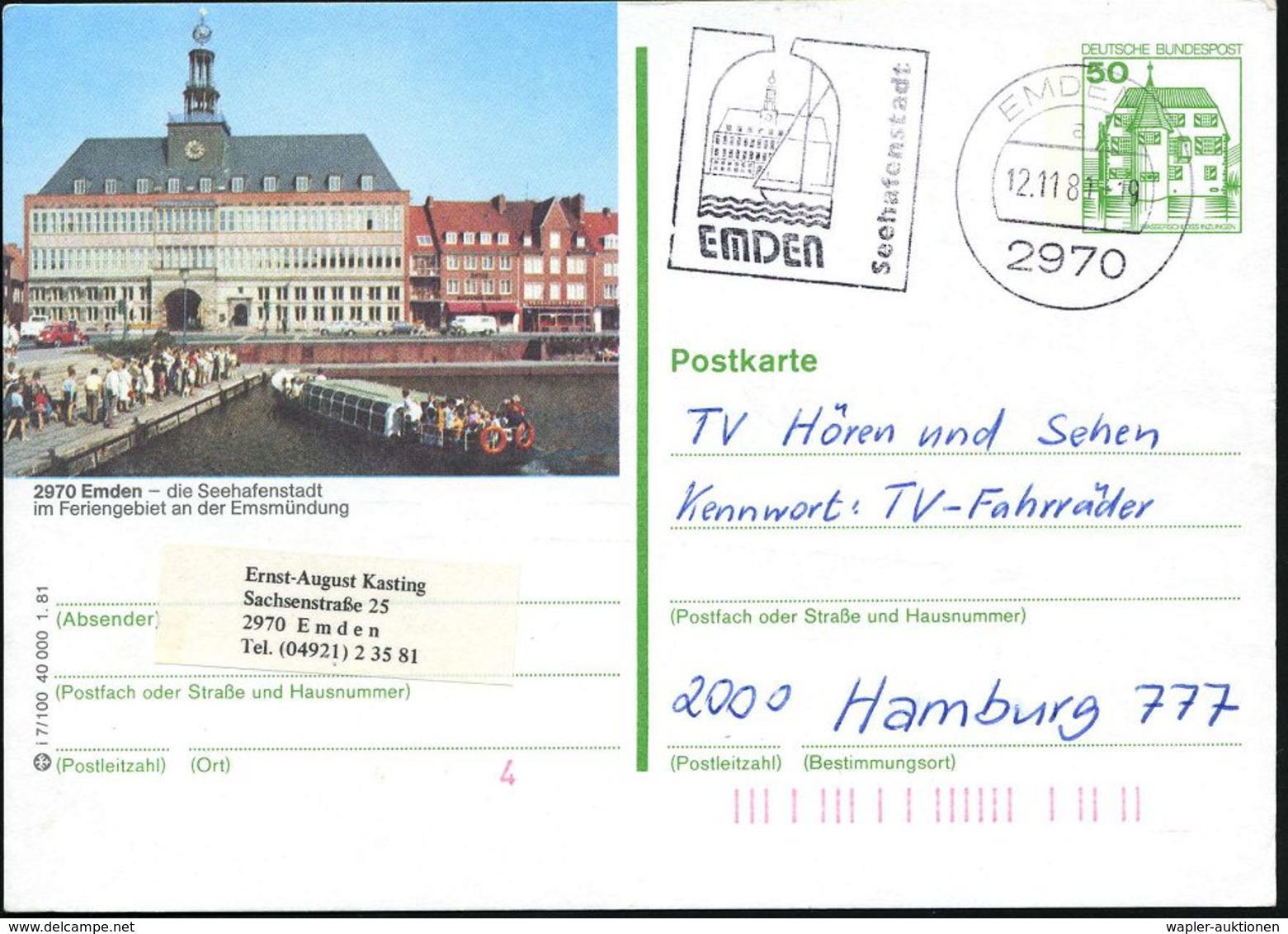 DIE HANSE / HANSESTÄDTE : 2970 Emden 1981 (12.11.) 50 Pf. BiP Burgen, Grün: Emden.. Die Seehafenstadt : Rathaus + Orts-  - Sonstige & Ohne Zuordnung