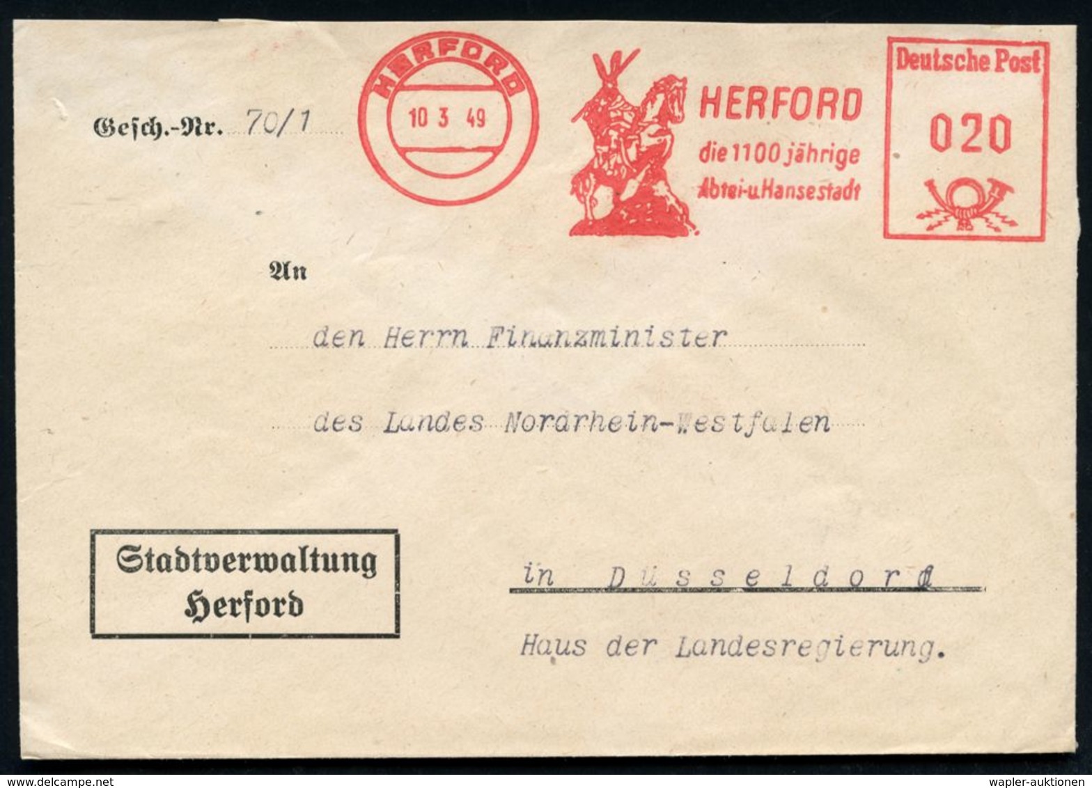 DIE HANSE / HANSESTÄDTE : HERFORD/ Die 1100 Jährige/ Abtei- U.Hansestadt 1949 (10.3.) AFS = Wittekind-Denkmal = Gegenspi - Sonstige & Ohne Zuordnung