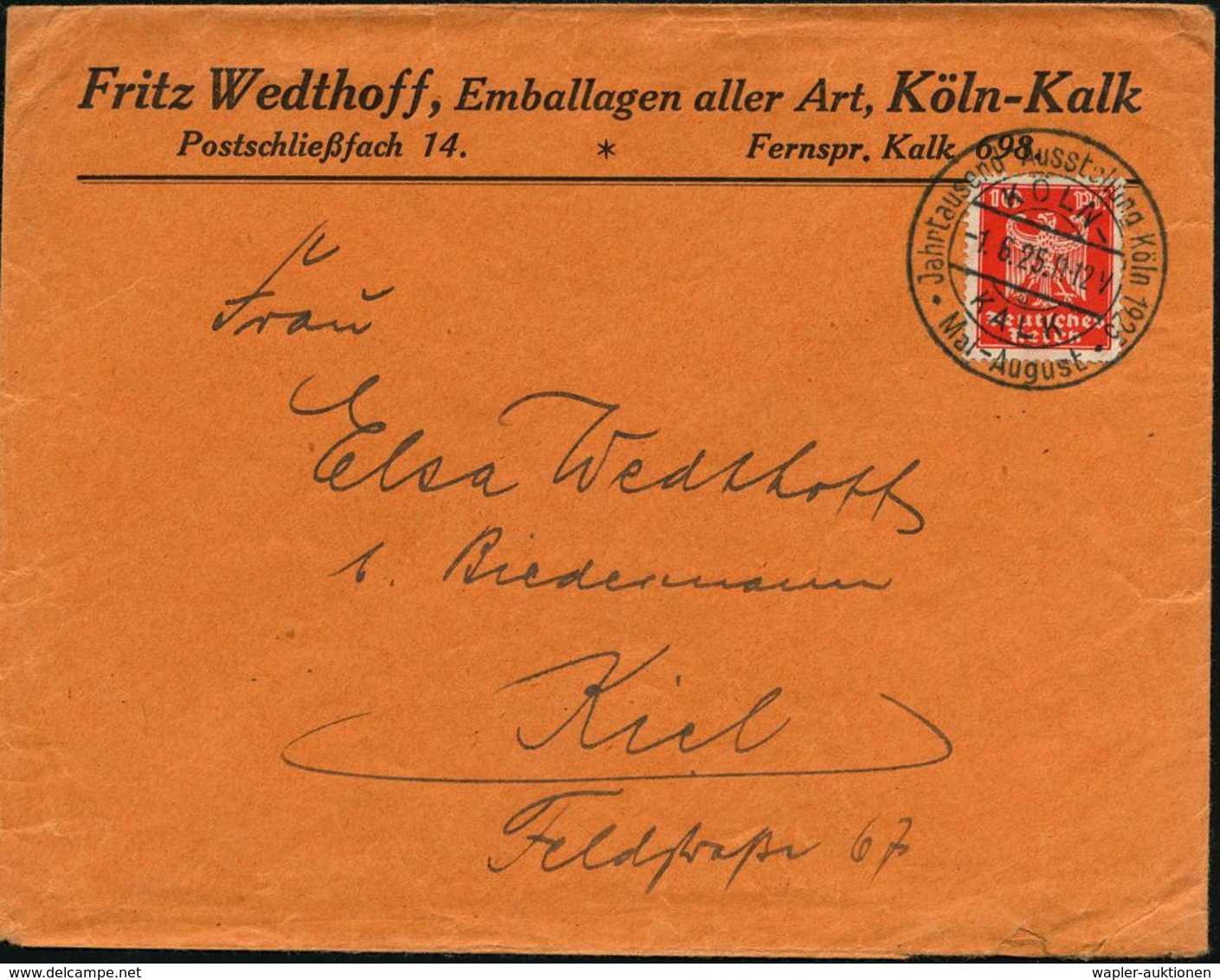 DIE HANSE / HANSESTÄDTE : KÖLN-/ A/ KALK/ Jahrtausend-Ausstellung Köln.. 1925 (1.6.) Seltener HWSt Auf Firmen-Bf.: Fritz - Other & Unclassified