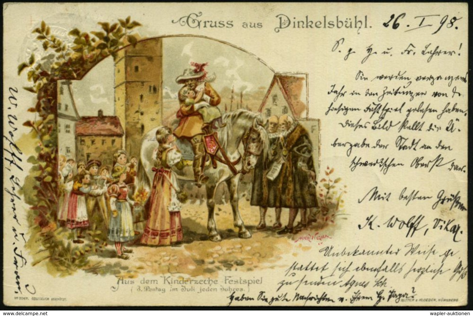 DER 30-JÄHRIGE KRIEG 1618 - 1648 : DINKELSBÜHL 1898 (Jan.) 1K Auf PP 5 Pf. Wappen, Grün: Kinderzeche-Festspiel = Reiter  - Autres & Non Classés