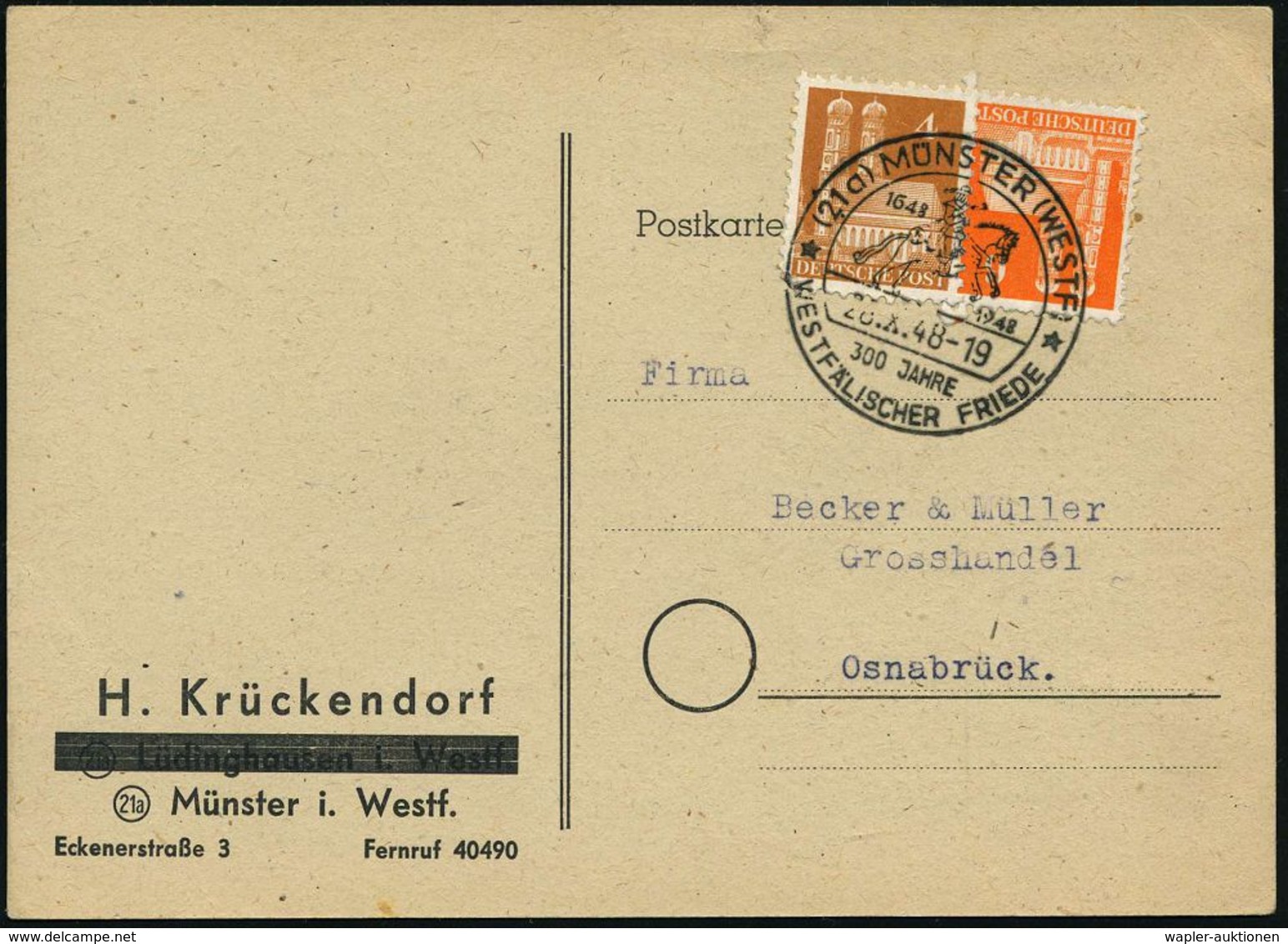 DER 30-JÄHRIGE KRIEG 1618 - 1648 : (21a) MÜNSTER (WESTF)/ 1648/ 300 JAHRE/ *WESTFÄL.FRIEDE* 1948 (28.X.) SSt Mit Röm. Mo - Other & Unclassified