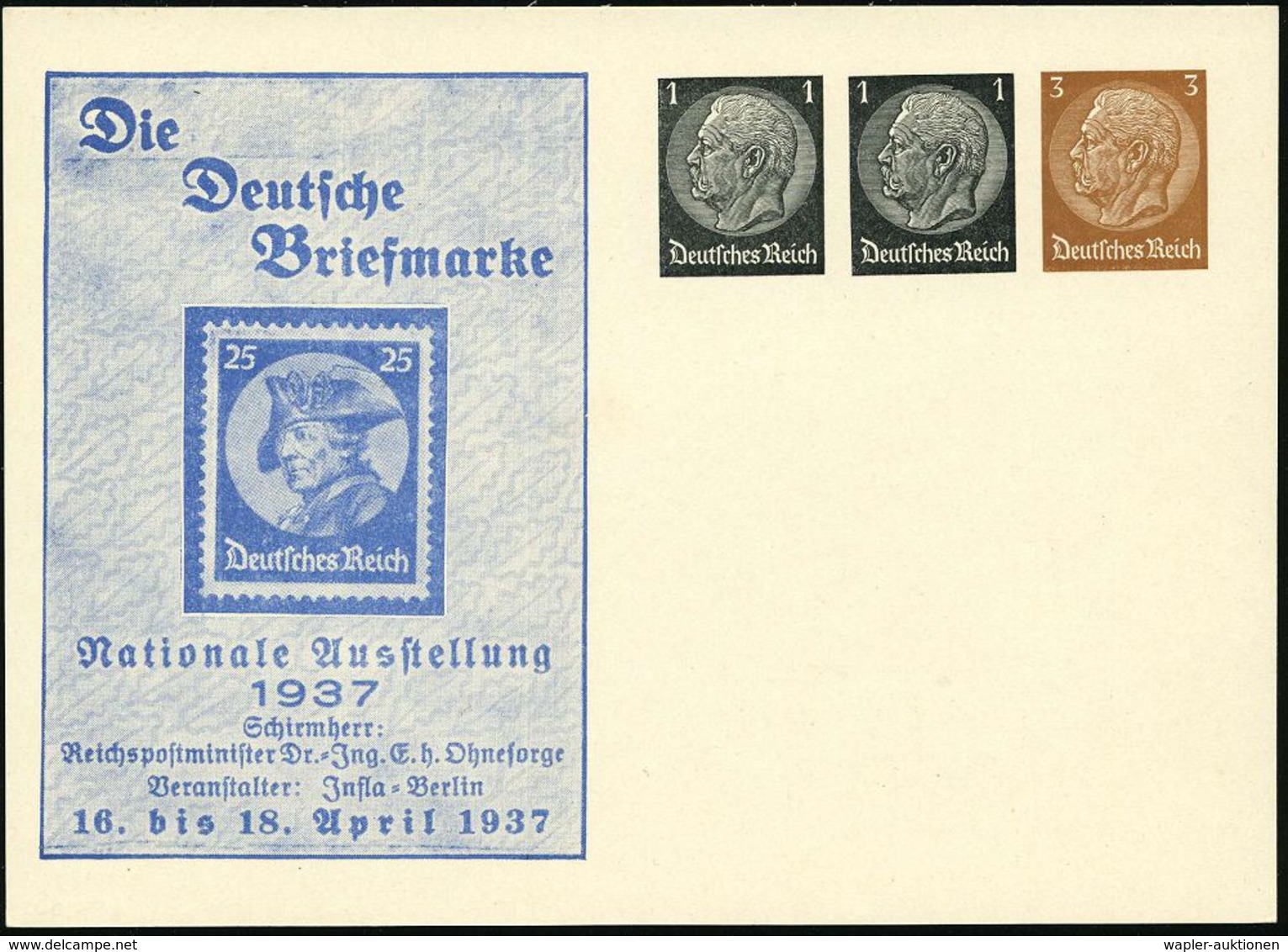 DEUTSCHE GESCHICHTE: PREUSSEN : Berlin 1937 (Apr.) PP 1 + 1 + 3 Pf. Hindenbg.: Die Deutsche Briefmarke, Nationale Ausste - Other & Unclassified