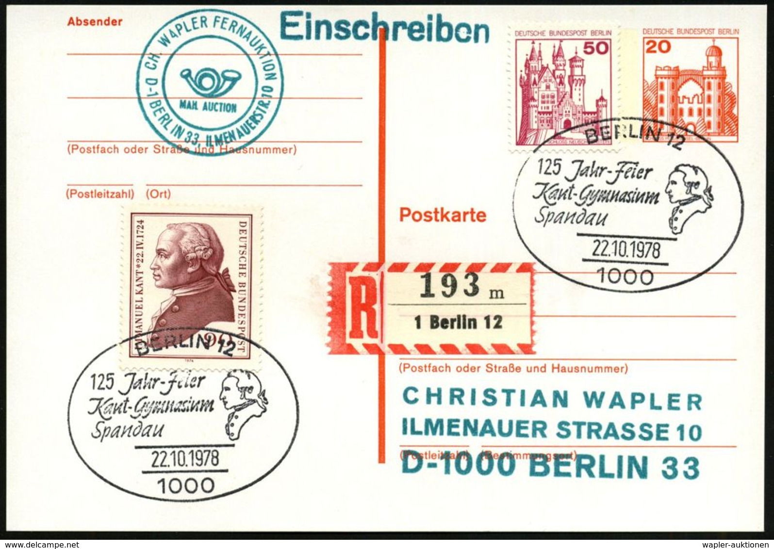 DEUTSCHE GESCHICHTE: PREUSSEN : 1000 BERLIN 12/ 125 Jahr-Feier/ Kant-Gymnasium/ Spandau 1978 (22.10.) SSt = Kant-Büste A - Autres & Non Classés