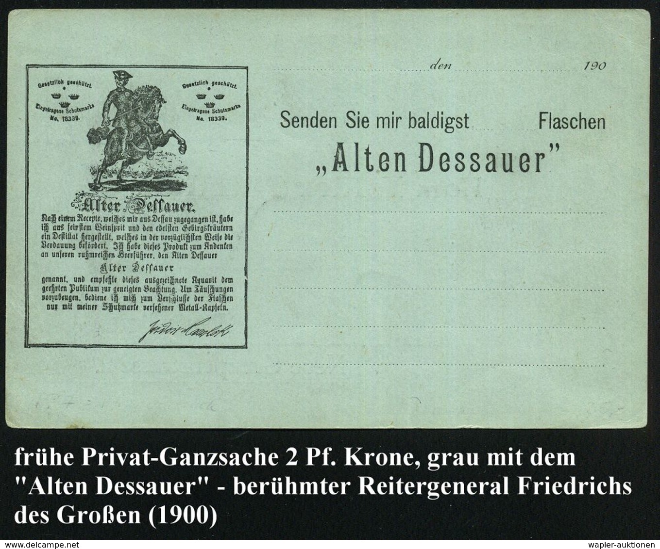 DEUTSCHE GESCHICHTE: PREUSSEN : Breslau 1900 PP 2 Pf. Krone/Ziffer, Grau: Aquavit "Alter Dessauer" = Preuss. Reiter-Gene - Sonstige & Ohne Zuordnung