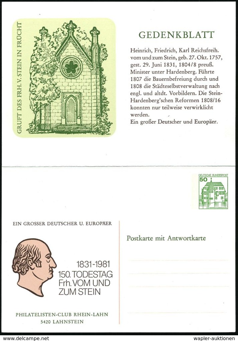 DEUTSCHE GESCHICHTE: PREUSSEN : 5420 Lahnstein 1981 Klapp-PP 50 Pf. Burgen, Grün: 150. TODESTAG, Frh. VOM UND ZUM STEIN  - Other & Unclassified