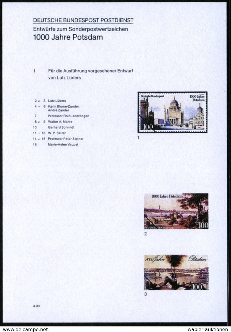 DEUTSCHE GESCHICHTE: PREUSSEN : B.R.D. 1993 (Apr.) 100 Pf. "1000 Jahre Potsdam", 16 Verschiedene Color-Alternativ-Entwür - Autres & Non Classés