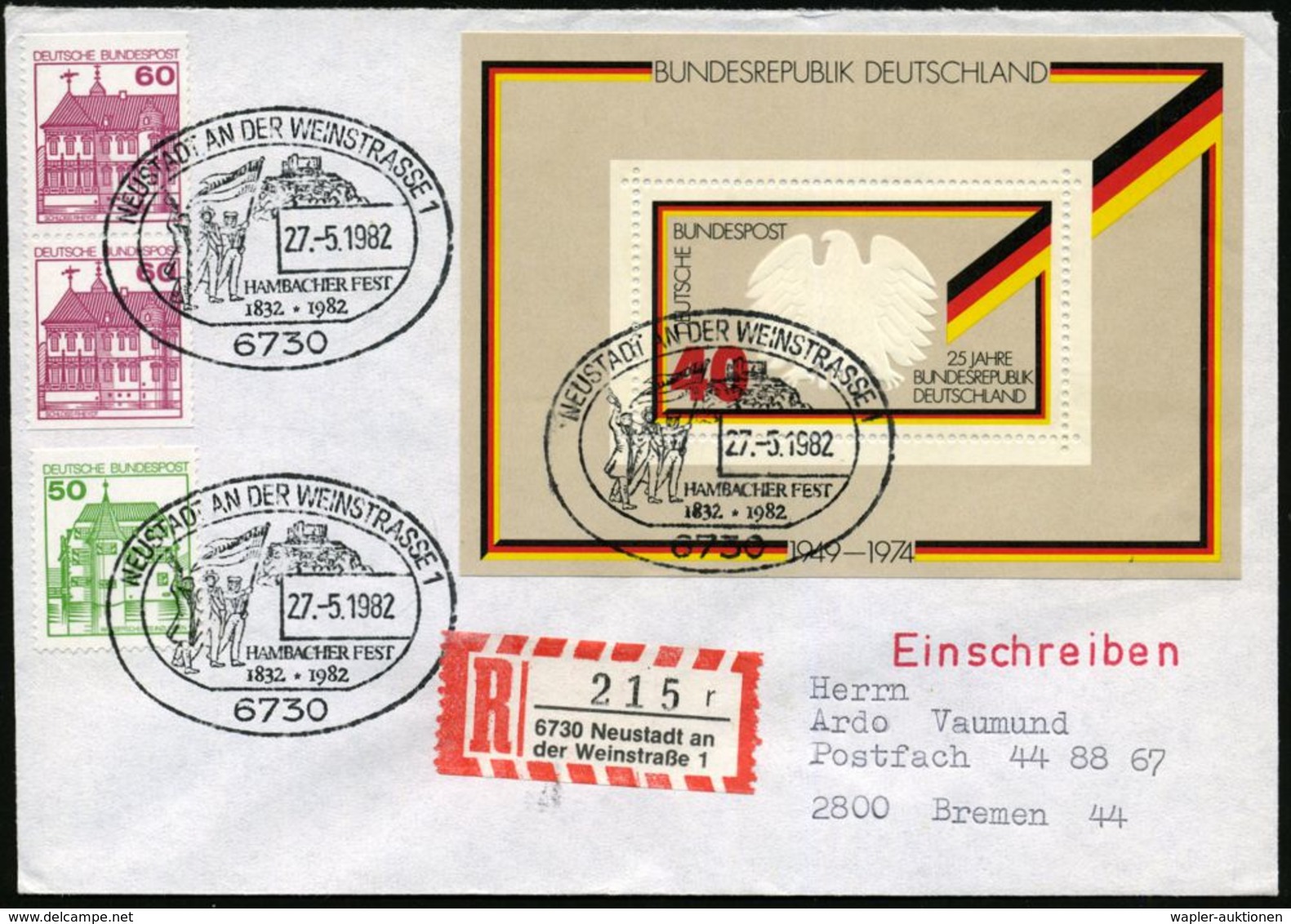 BÜRGERLICHE REVOLUTION 1848 : 6730 NEUSTADT AN DER WEINSTRASSE 1/ HAMBACHER FEST/ 1832.. 1982 (27.5.) SSt = Hambacher Sc - Other & Unclassified