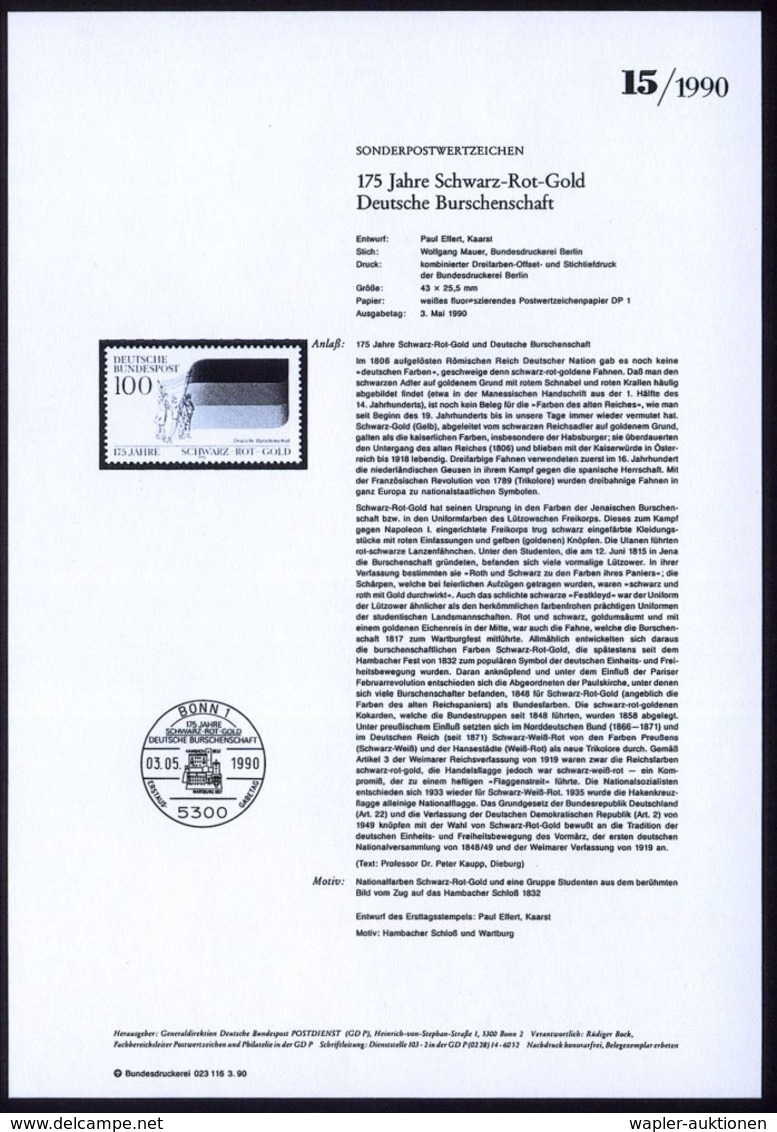 BÜRGERLICHE REVOLUTION 1848 : B.R.D. 1990 (Mai) 100 Pf. "175 Jahre Schwarz-Rot-Gold, Deutschen Burschenschaft" M. Amtlic - Sonstige & Ohne Zuordnung