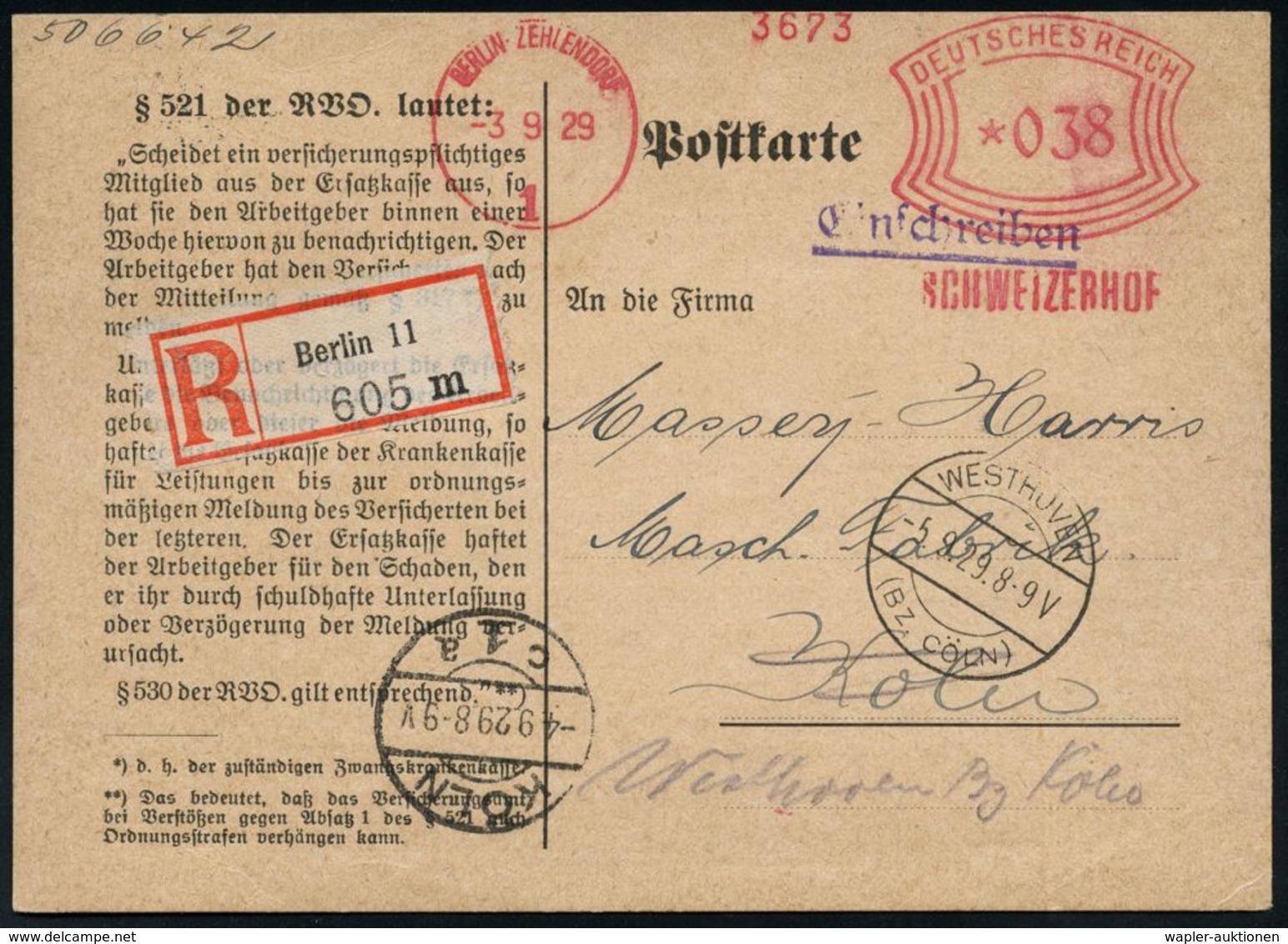 ARBEITERBEWEGUNG 1848-1933 : BERLIN-ZEHLENDORF/ 1/ SCHWEIZERHOF 1929 (3.9.) AFS 038 Pf. + RZ: Berlin 11/m , Vordr.-Kt.:  - Autres & Non Classés