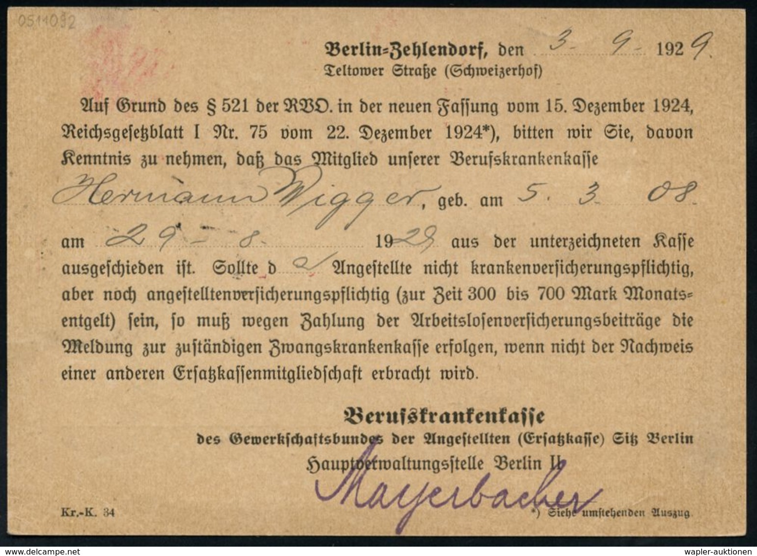 ARBEITERBEWEGUNG 1848-1933 : BERLIN-ZEHLENDORF/ 1/ SCHWEIZERHOF 1929 (3.9.) AFS 038 Pf. + RZ: Berlin 11/m , Vordr.-Kt.:  - Autres & Non Classés