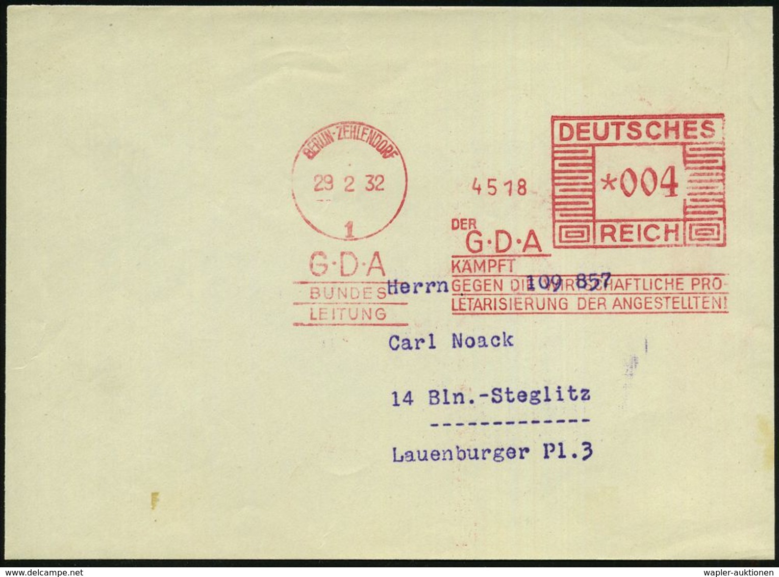 ARBEITERBEWEGUNG 1848-1933 : BERLIN-ZEHLENDORF/ 1/ DER/ GDA/ KÄMPFT GEGEN DIE..PRO/ LETARISIERUNG DER ANGESTELLTEN 1933  - Other & Unclassified