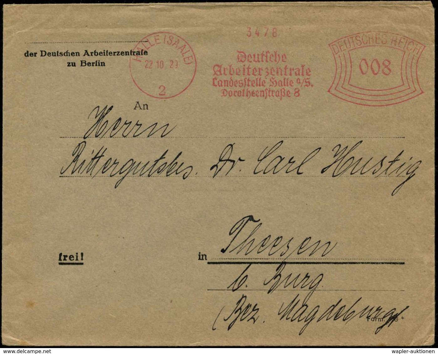 ARBEITERBEWEGUNG 1848-1933 : HALLE (SAALE)/ 2/ Deutsche/ Arbeiterzentrale/ Landesstelle Halle.. 1929 (22.10.) Sehr Selte - Autres & Non Classés