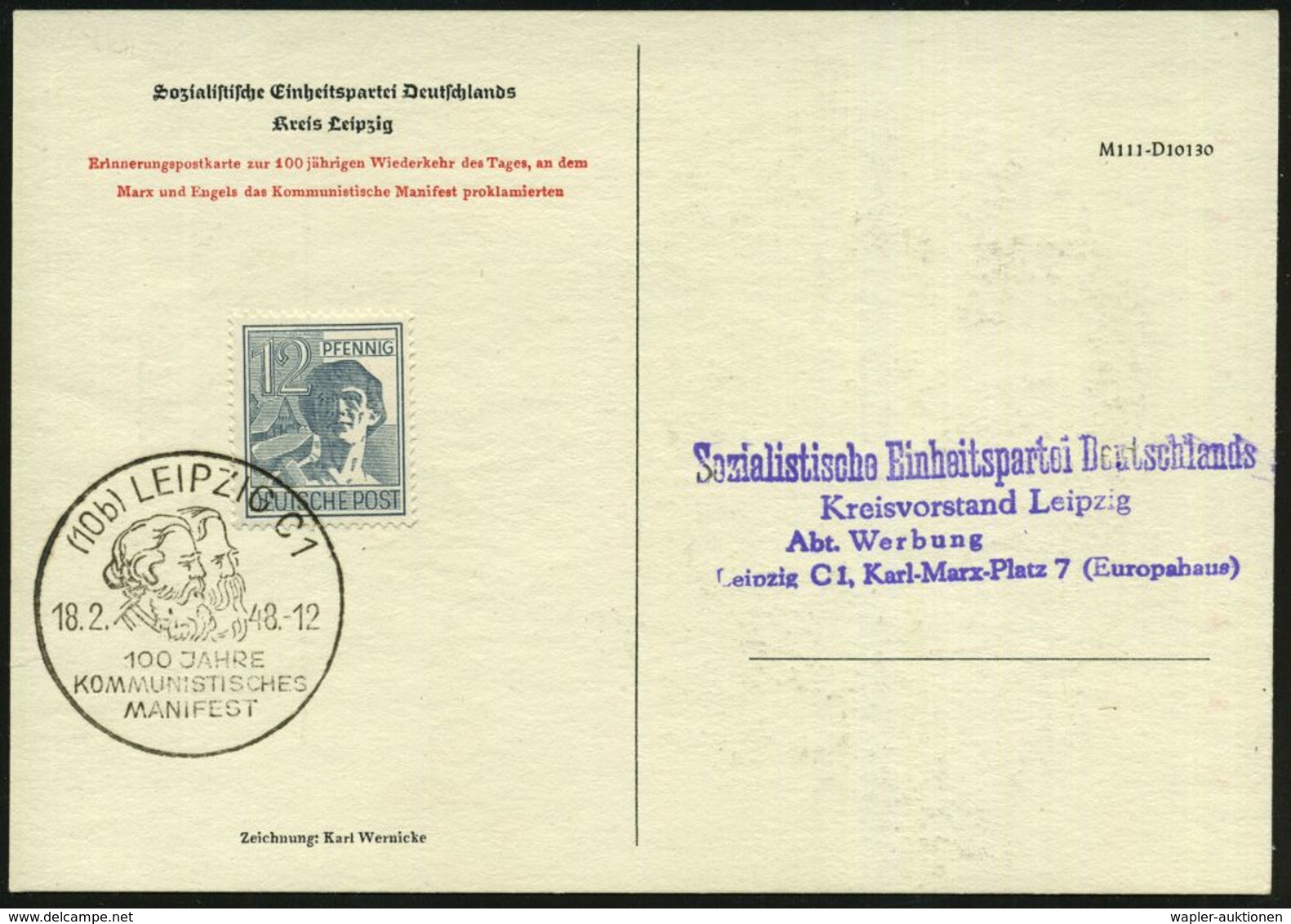 ARBEITERBEWEGUNG 1848-1933 : (10b) LEIPZIG C1/ 100 JAHRE/ KOMMUNSITISCHES/ MANIFEST 1948 (18.2.) SSt (Marx-Engels-Köpfe) - Other & Unclassified