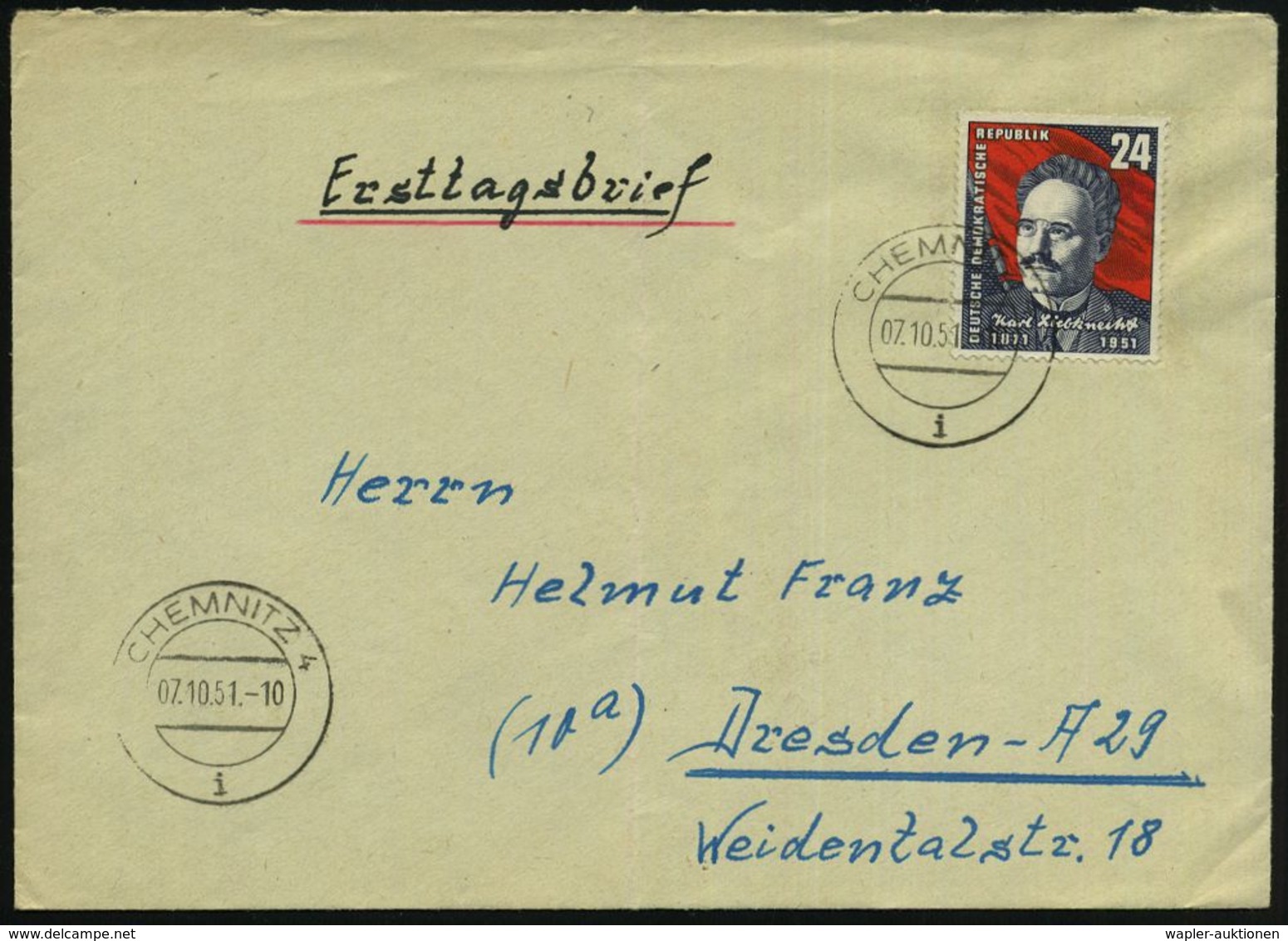 ARBEITERBEWEGUNG 1848-1933 : D.D.R. 1951 (7.10.) 24 Pf. "80. Geburtstag Karl Liebknecht", EF , Klar Gest. (Chemnitz 4) B - Autres & Non Classés