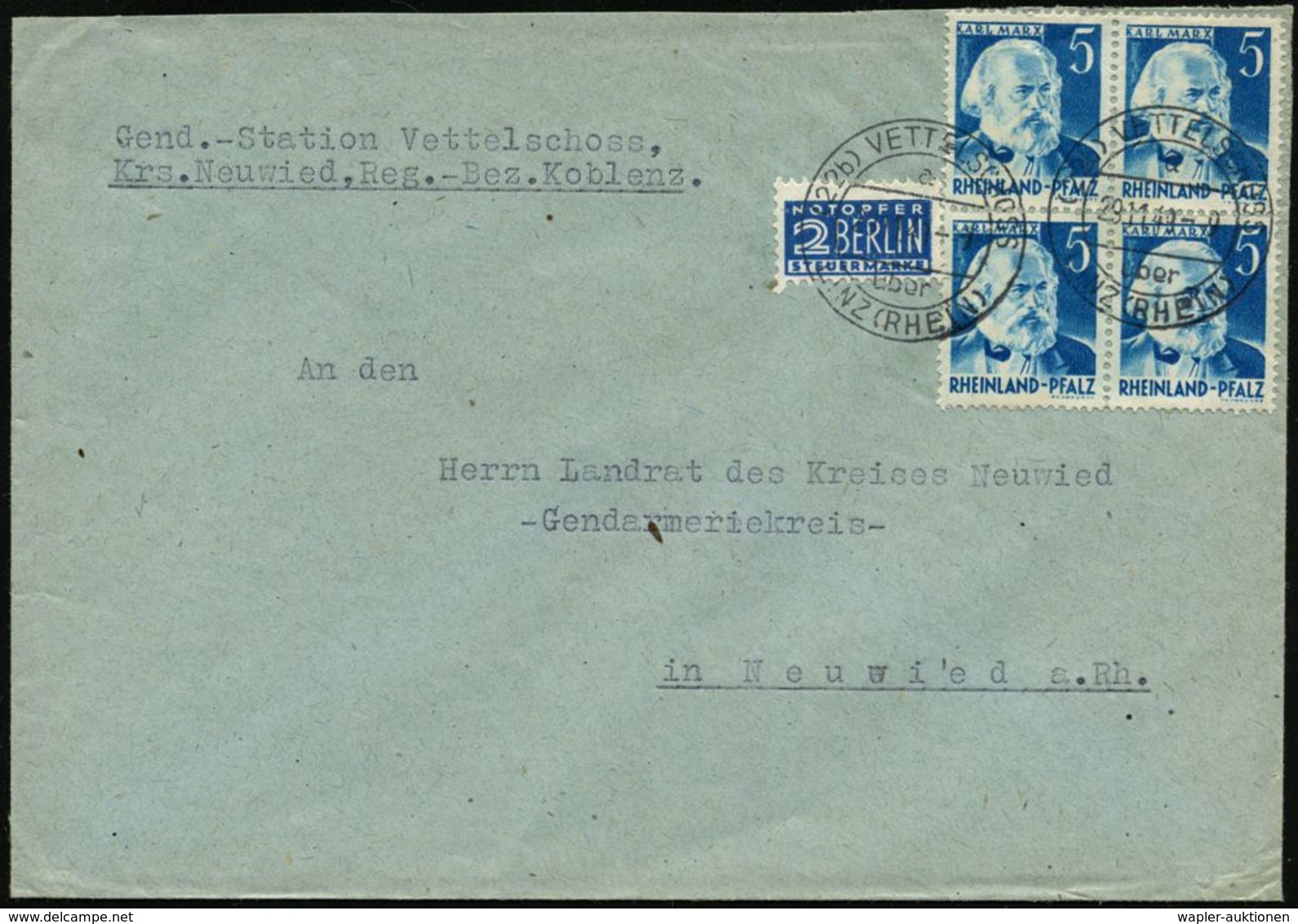 ARBEITERBEWEGUNG 1848-1933 : (22b) RHEINLAND PFALZ 1949 (29.11.) 5 Pf. Karl Marx, Reine MeF: 4er-Block + 2 Pf. NoB, Klar - Sonstige & Ohne Zuordnung