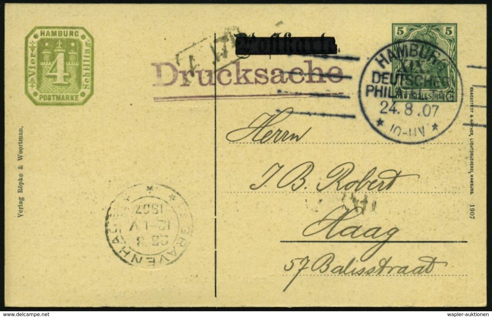 OTTO VON BISMARCK (1815 - 1898) : HAMBURG/ XIX./ DEUTSCHER/ PHILATEL.TAG/ ** 1907 (24.8.) SSt + 4 Linien Auf PP 5 Pf. Ge - Sonstige & Ohne Zuordnung