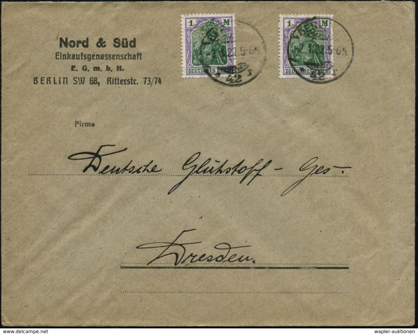 GENOSSENSCHAFTS-BEWEGUNG / RAIFFEISEN : BERLIN/ *42r 1922 (2.1.) 1K-Gitter 2x Auf 2x 1 Mk. Germania , Je Firmen-Lochung: - Other & Unclassified