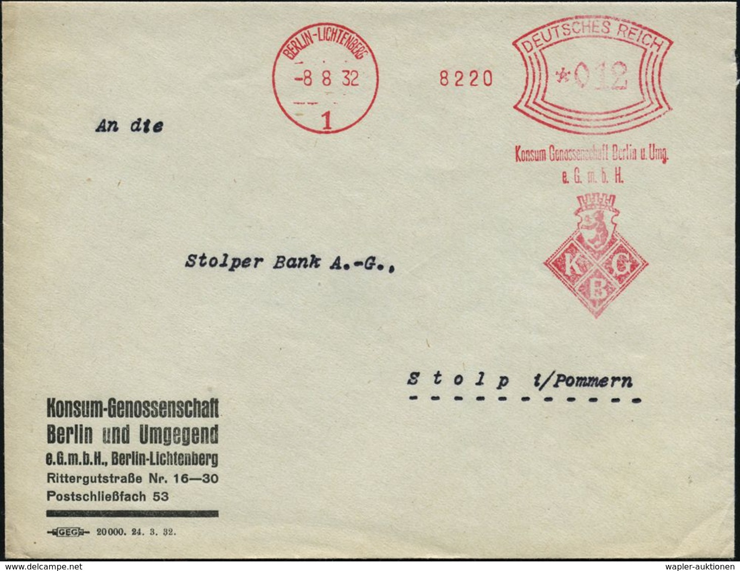 GENOSSENSCHAFTS-BEWEGUNG / RAIFFEISEN : BERLIN-LICHTENBERG/ 1/ Konsum Genossenschaft Berlin U.Umg./ E.G.m.b.H./ KGB 1932 - Other & Unclassified