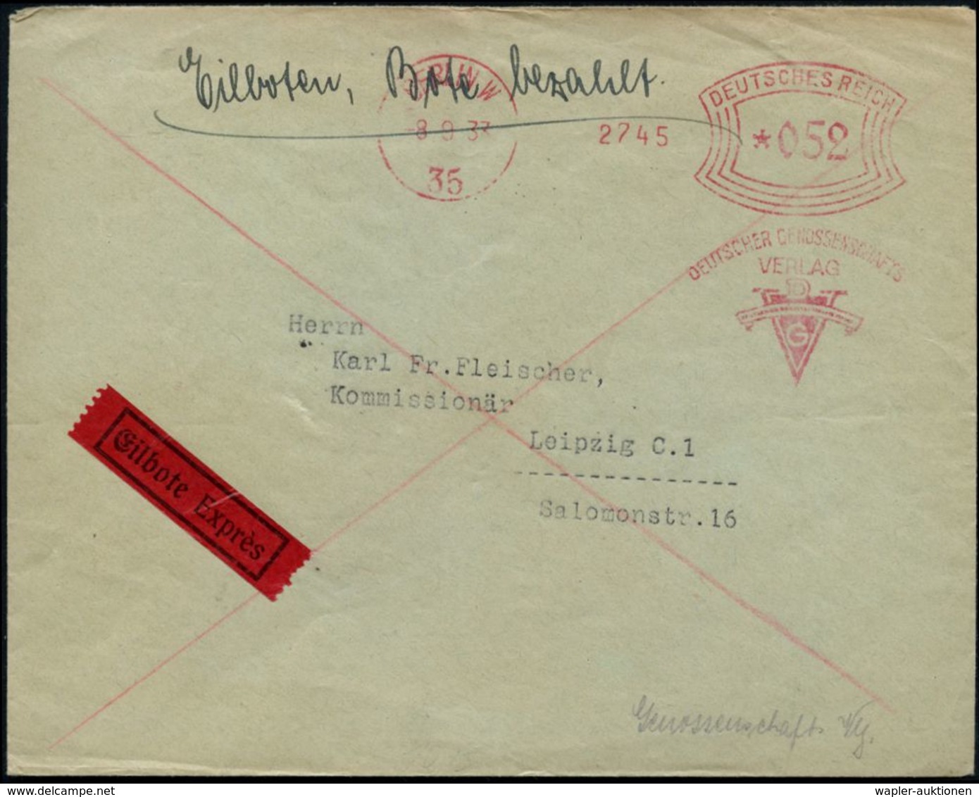 GENOSSENSCHAFTS-BEWEGUNG / RAIFFEISEN : BERLIN W/ 35/ DEUTSCHER GENOSSENSCHAFTS/ VERLAG/ DGV 1933 (8.9.) AFS 052 Pf. (Mo - Other & Unclassified