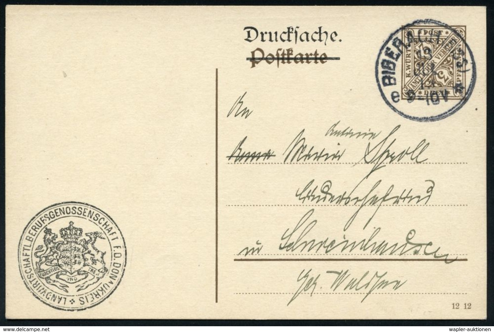 GENOSSENSCHAFTS-BEWEGUNG / RAIFFEISEN : BIBERACH (RISS)/ E* 1913 (13.7.) 1K Auf Dienst-P 3 Pf. Ziffer, Braun: LANDWIRTSC - Other & Unclassified