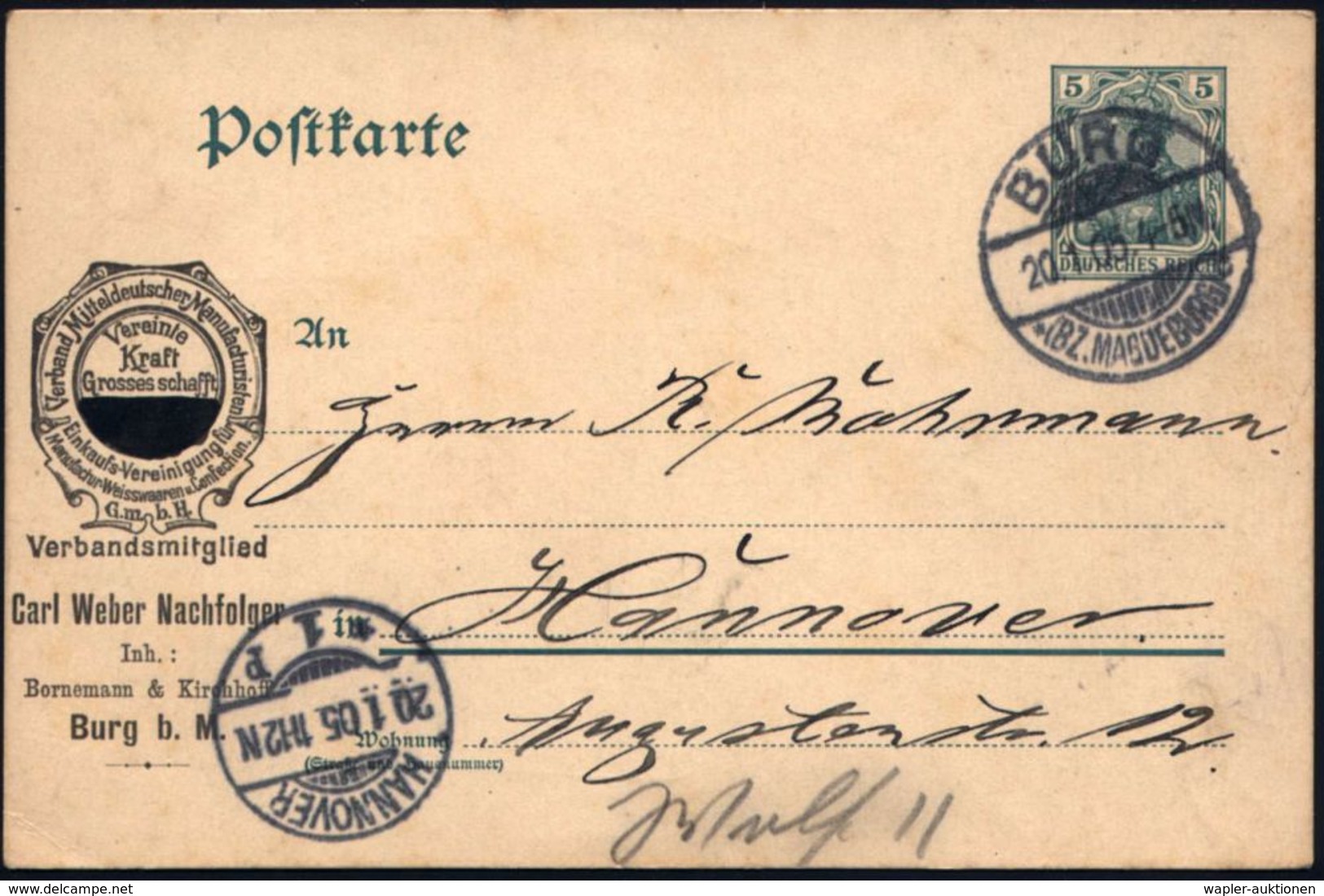GENOSSENSCHAFTS-BEWEGUNG / RAIFFEISEN : BURG/ *(BZ.MAGDEBURG)/ C 1905 (20.1.) 1K-Gitter Auf PP 5 Pf. Germania, Grün: Ver - Autres & Non Classés