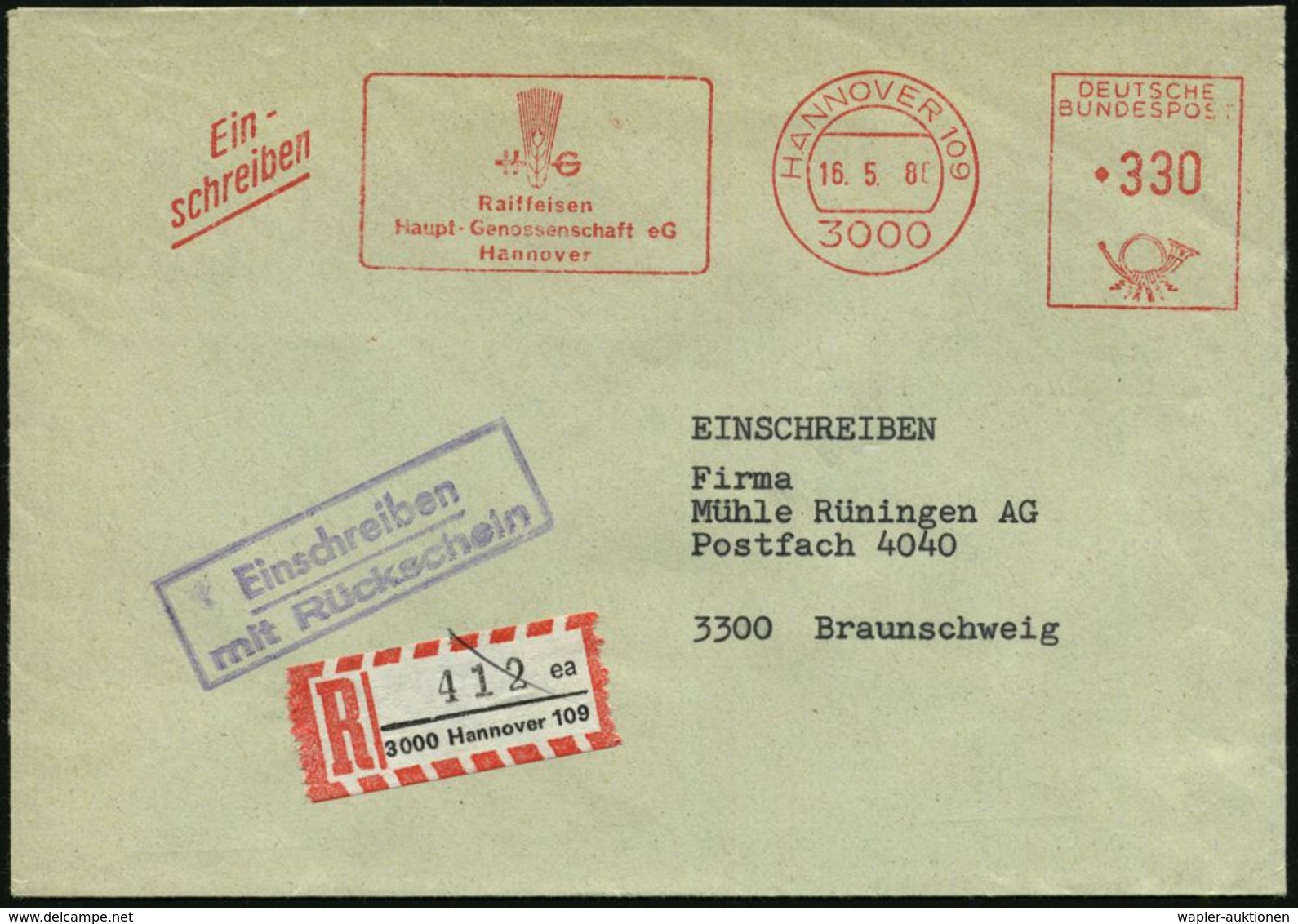 GENOSSENSCHAFTS-BEWEGUNG / RAIFFEISEN : 3000 HANNOVER 109/ HG/ Raiffeisen/ Hauptgenossenschaft EG 1980 (16.5.) AFS 330 P - Other & Unclassified